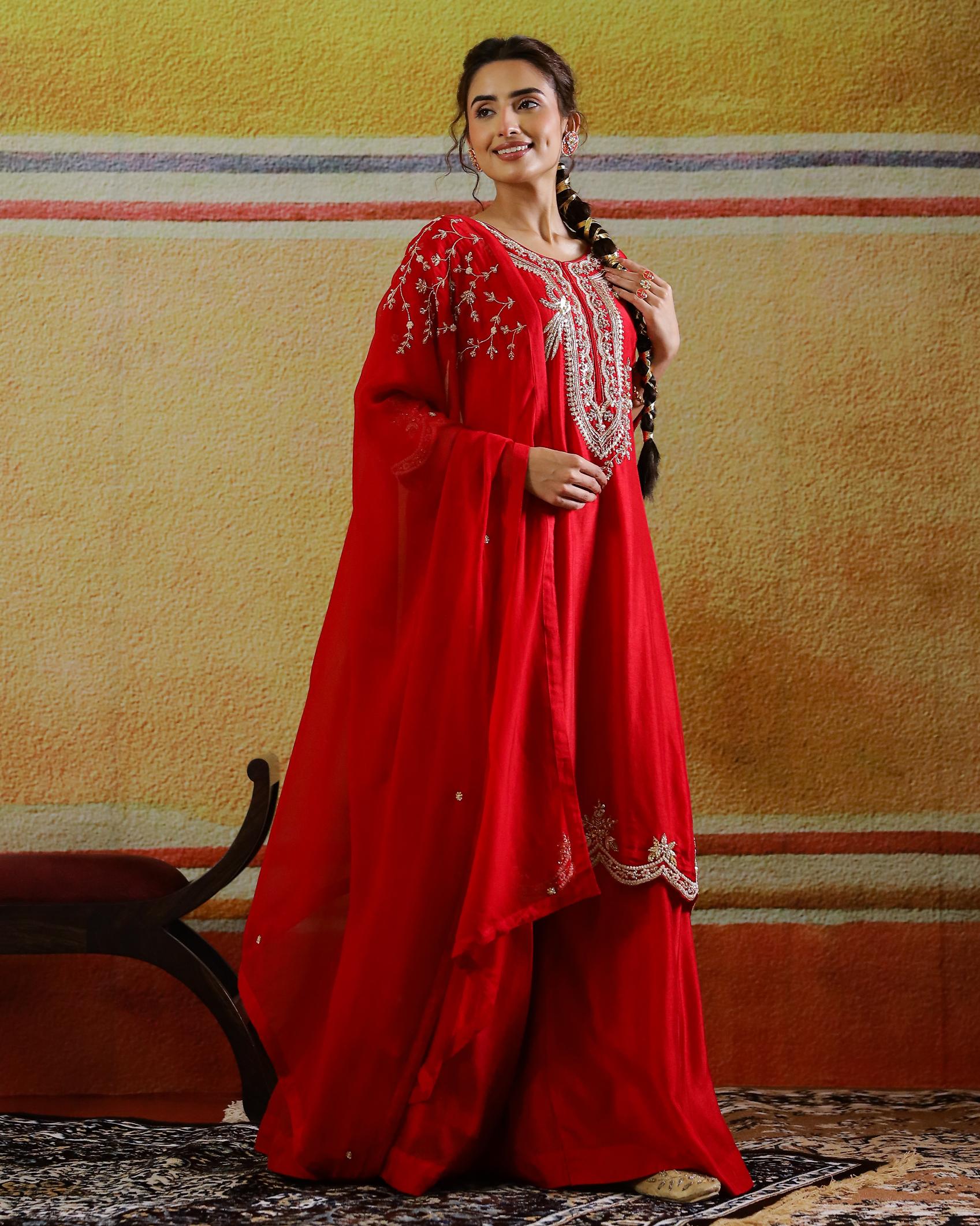 Ruby Red Embellished Raw Silk Palazzo Set