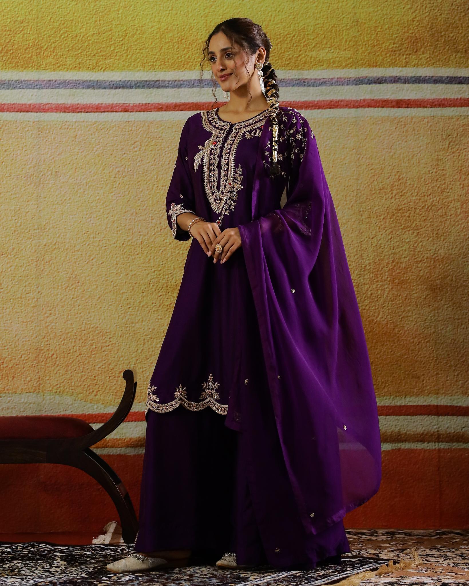 Deep Purple Embellished Raw Silk Palazzo Set