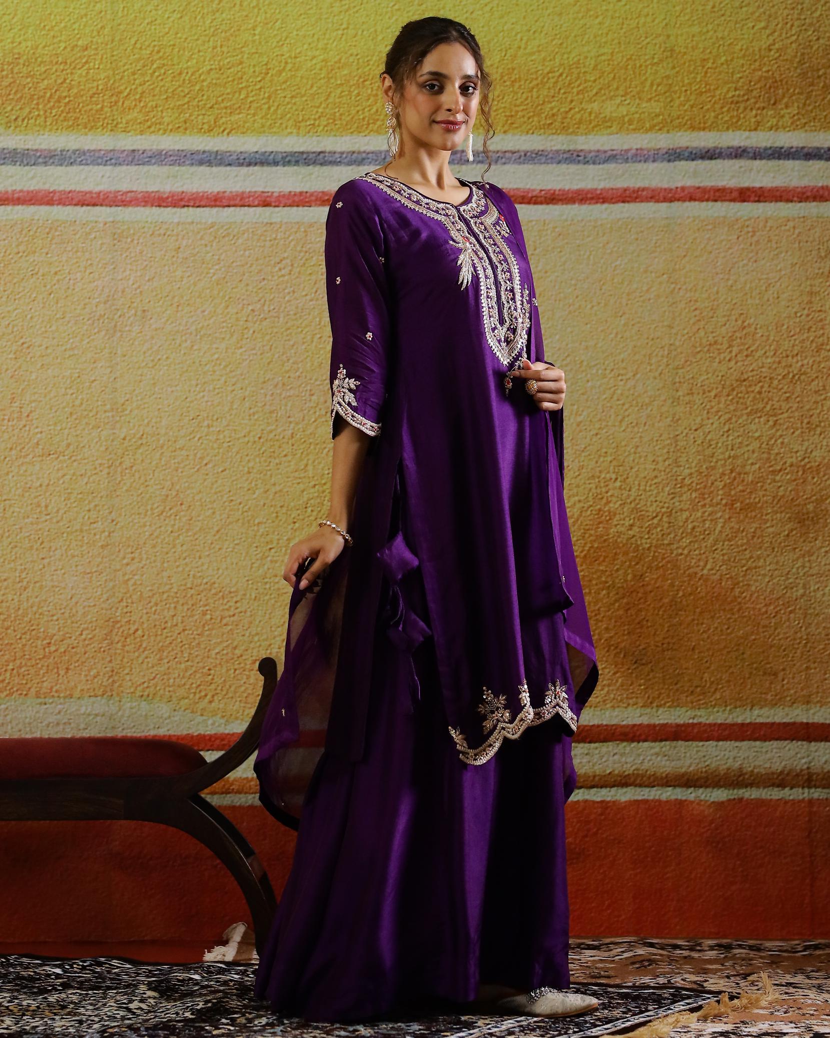 Deep Purple Embellished Raw Silk Palazzo Set