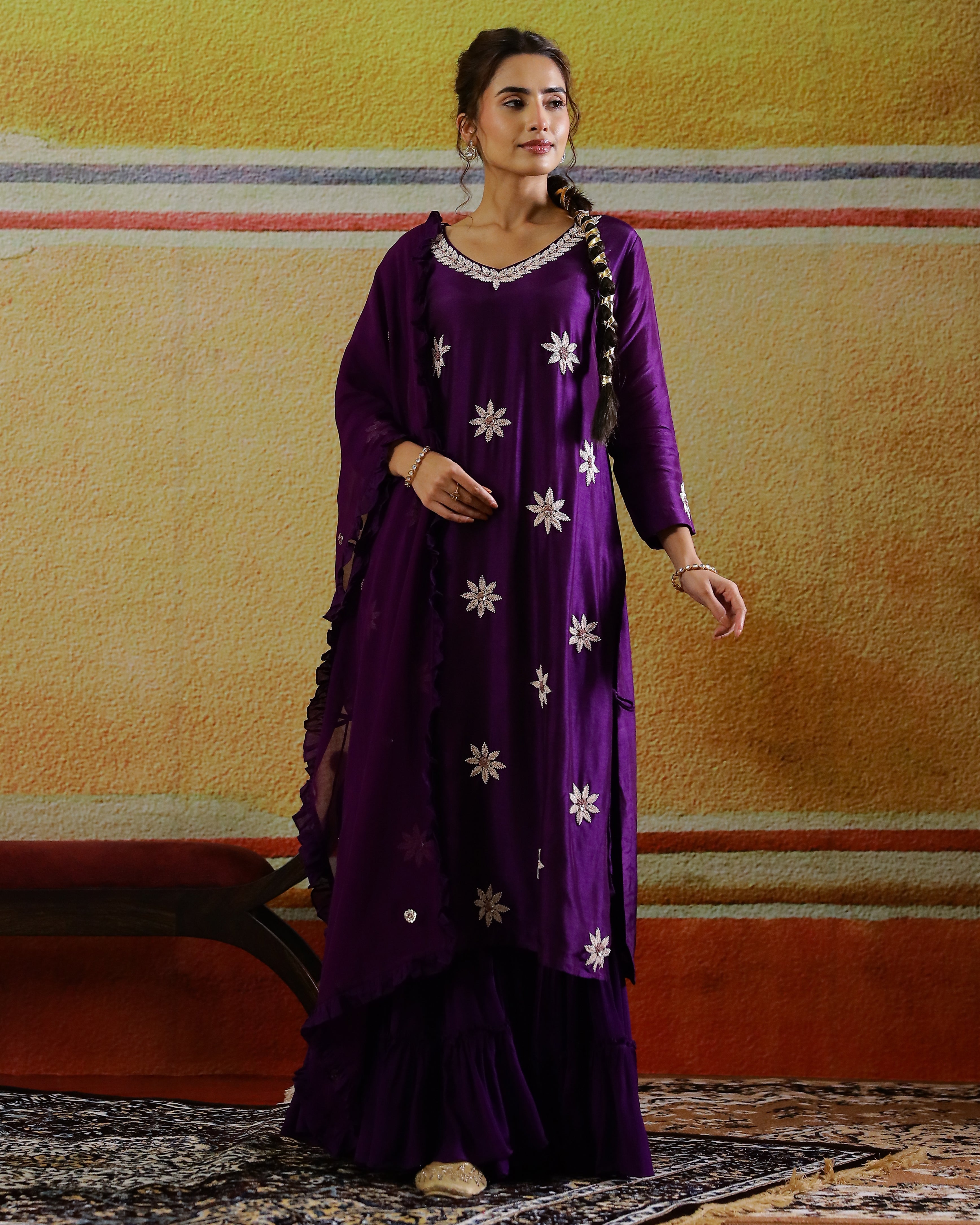 Deep Purple Floral Embroidered Raw Silk Sharara Set