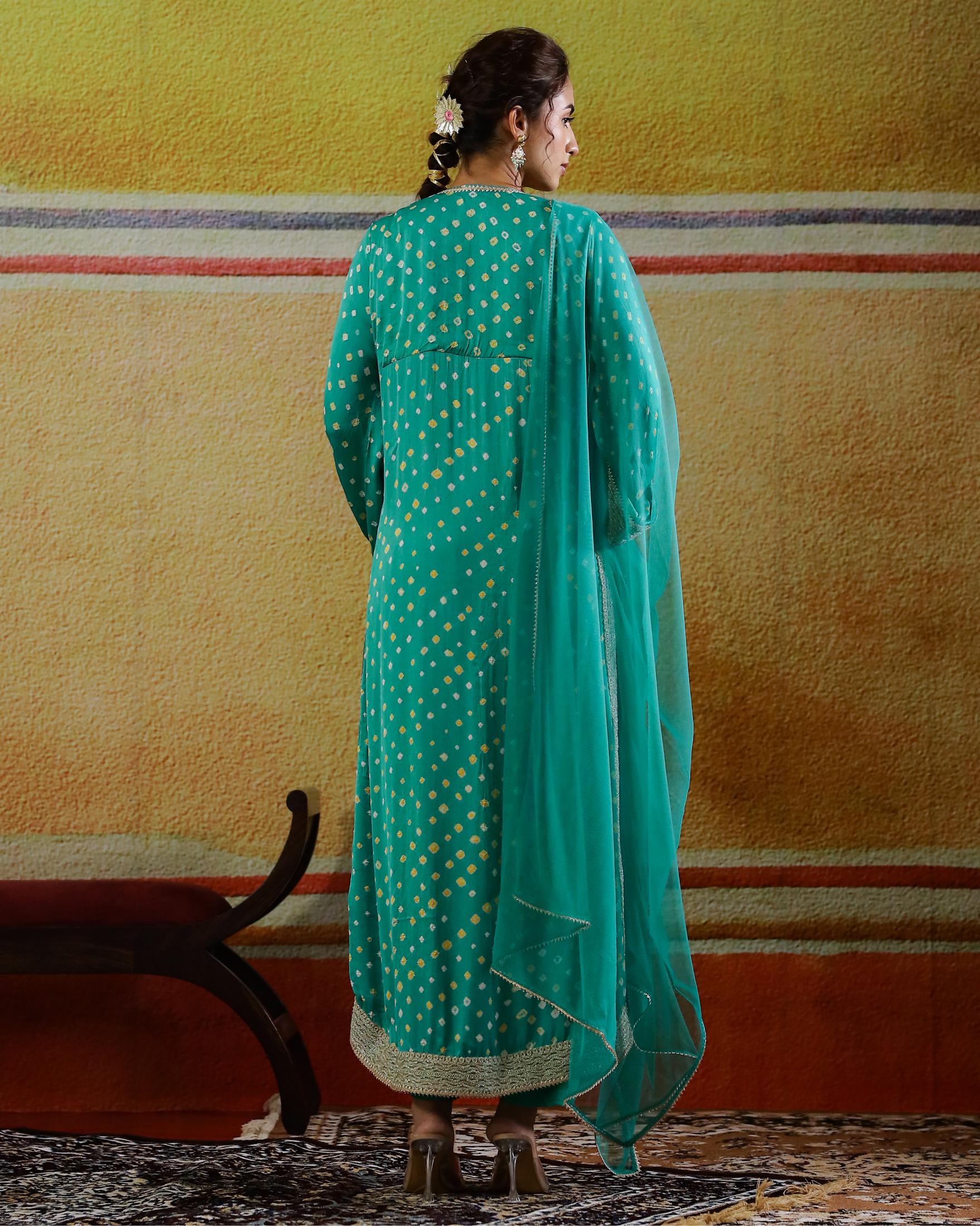 Teal Bandhej Printed Italian Paper Silk Pants Set