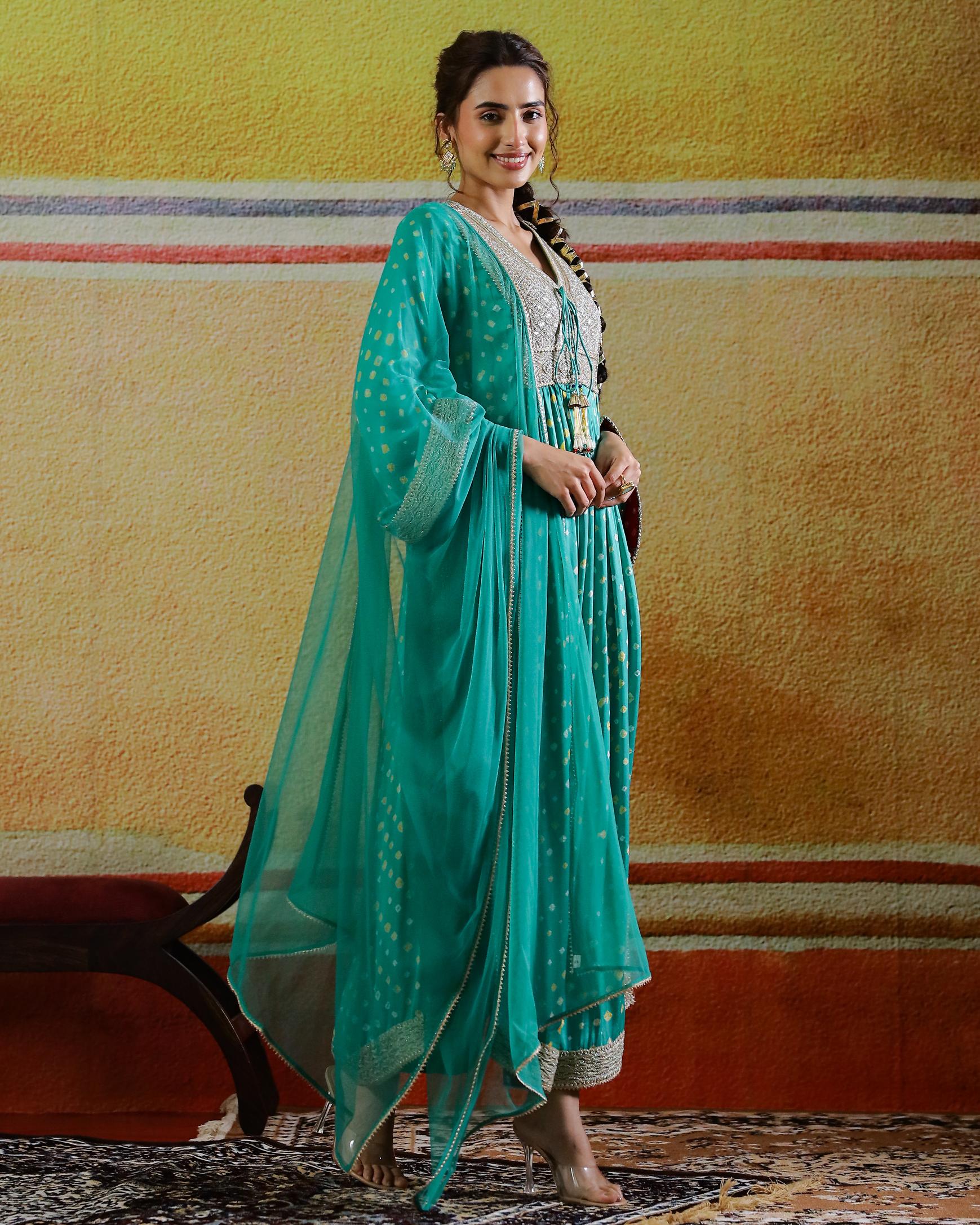 Teal Bandhej Printed Italian Paper Silk Pants Set