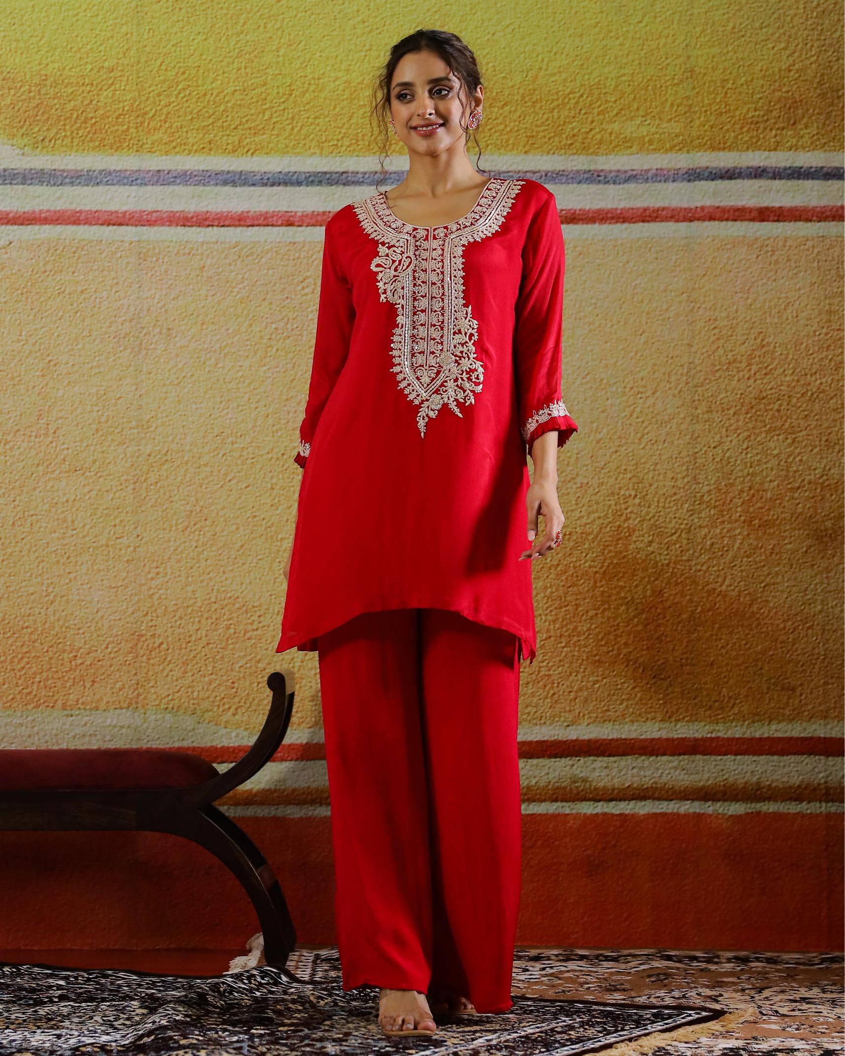 Red Embroidered Chinon Silk Palazzo Set