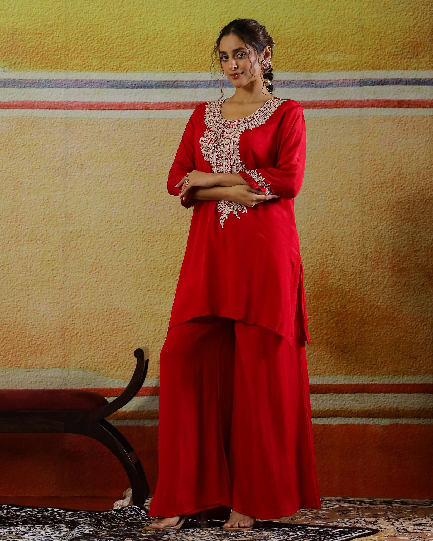 Red Embroidered Chinon Silk Palazzo Set