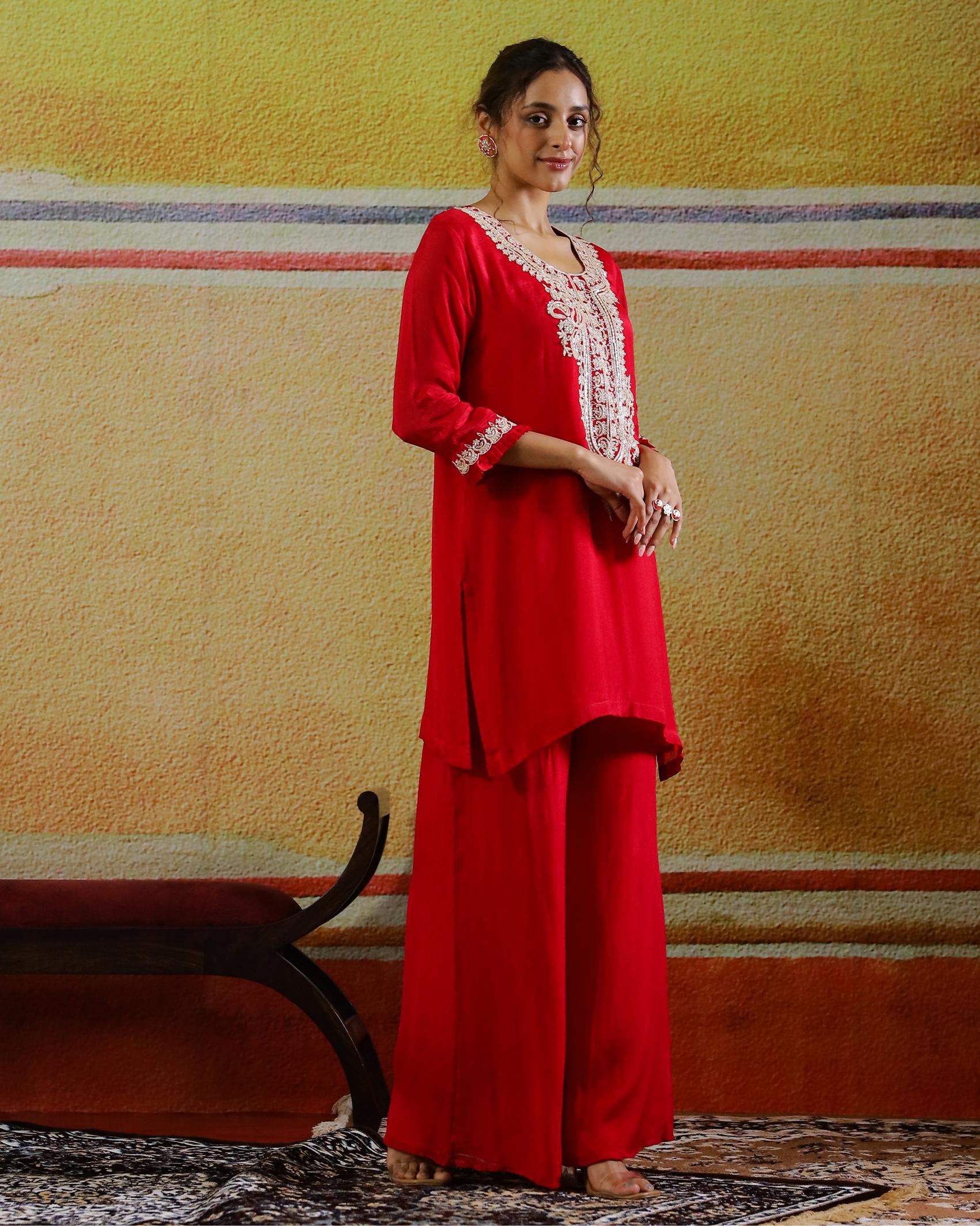 Red Embroidered Chinon Silk Palazzo Set