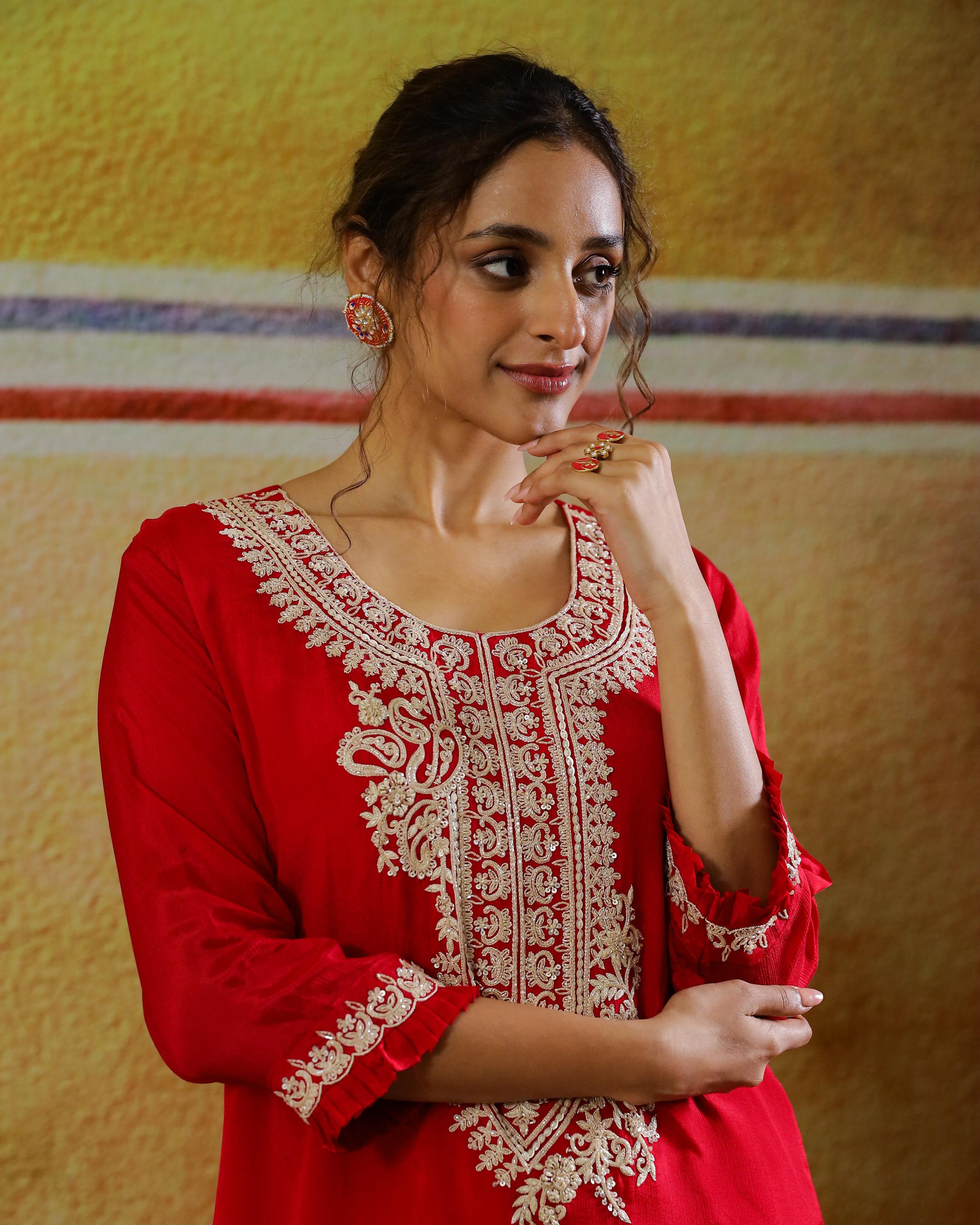 Red Embroidered Chinon Silk Palazzo Set