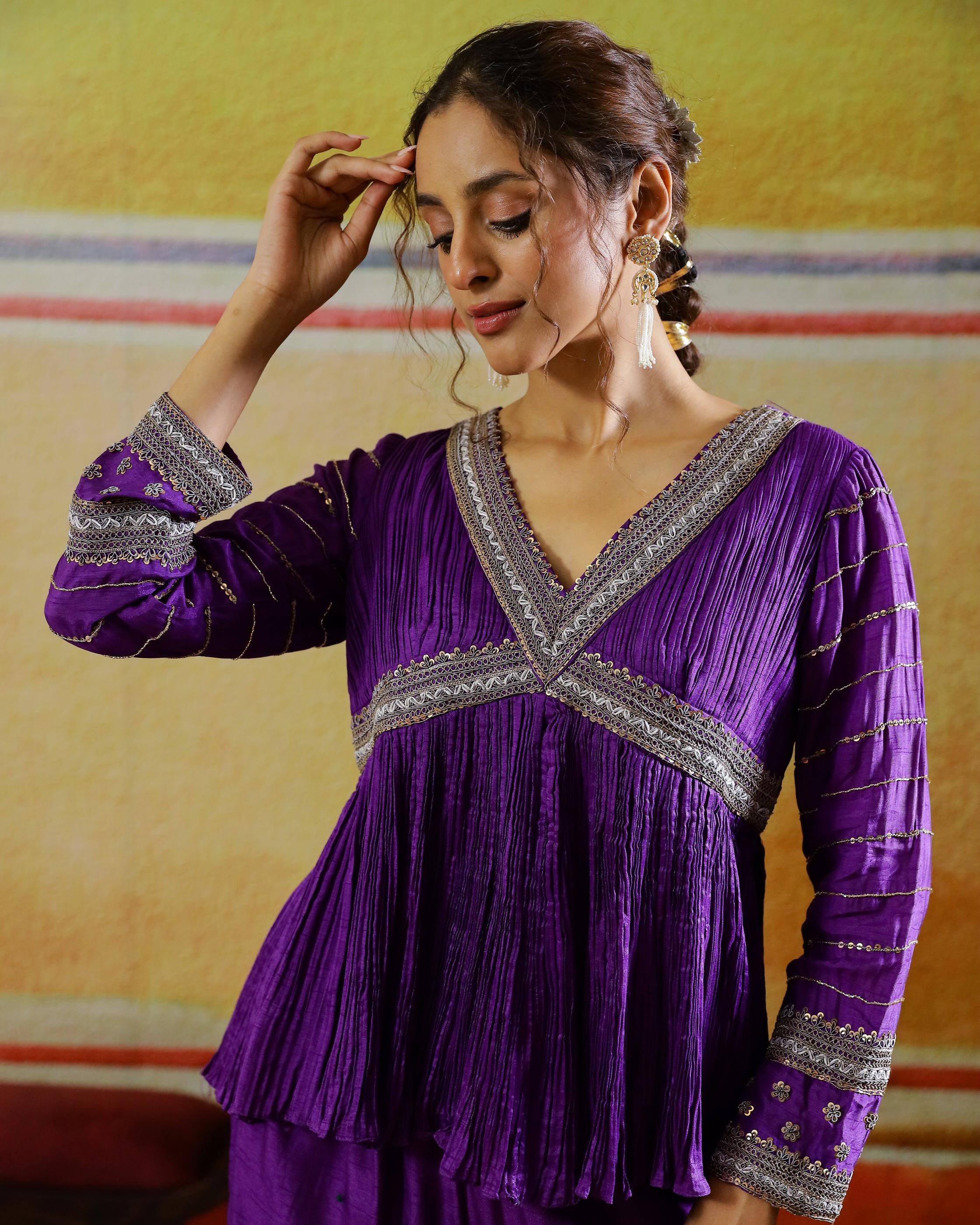 Purple Embellished Raw Silk Sharara Set