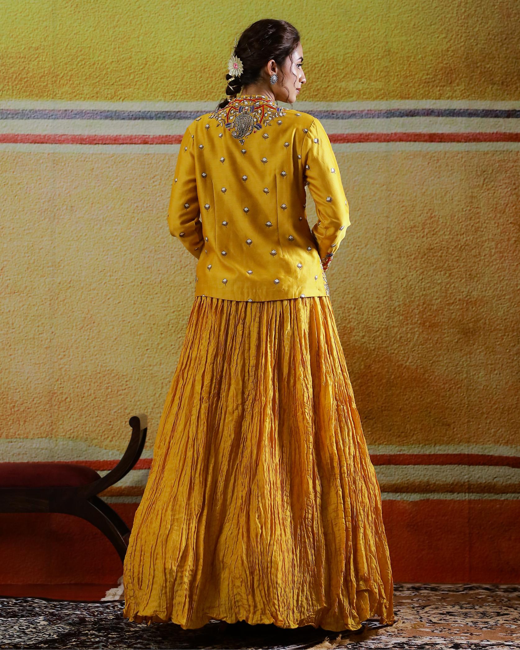 Mustard Embroidered Raw Silk Skirt with Jacket