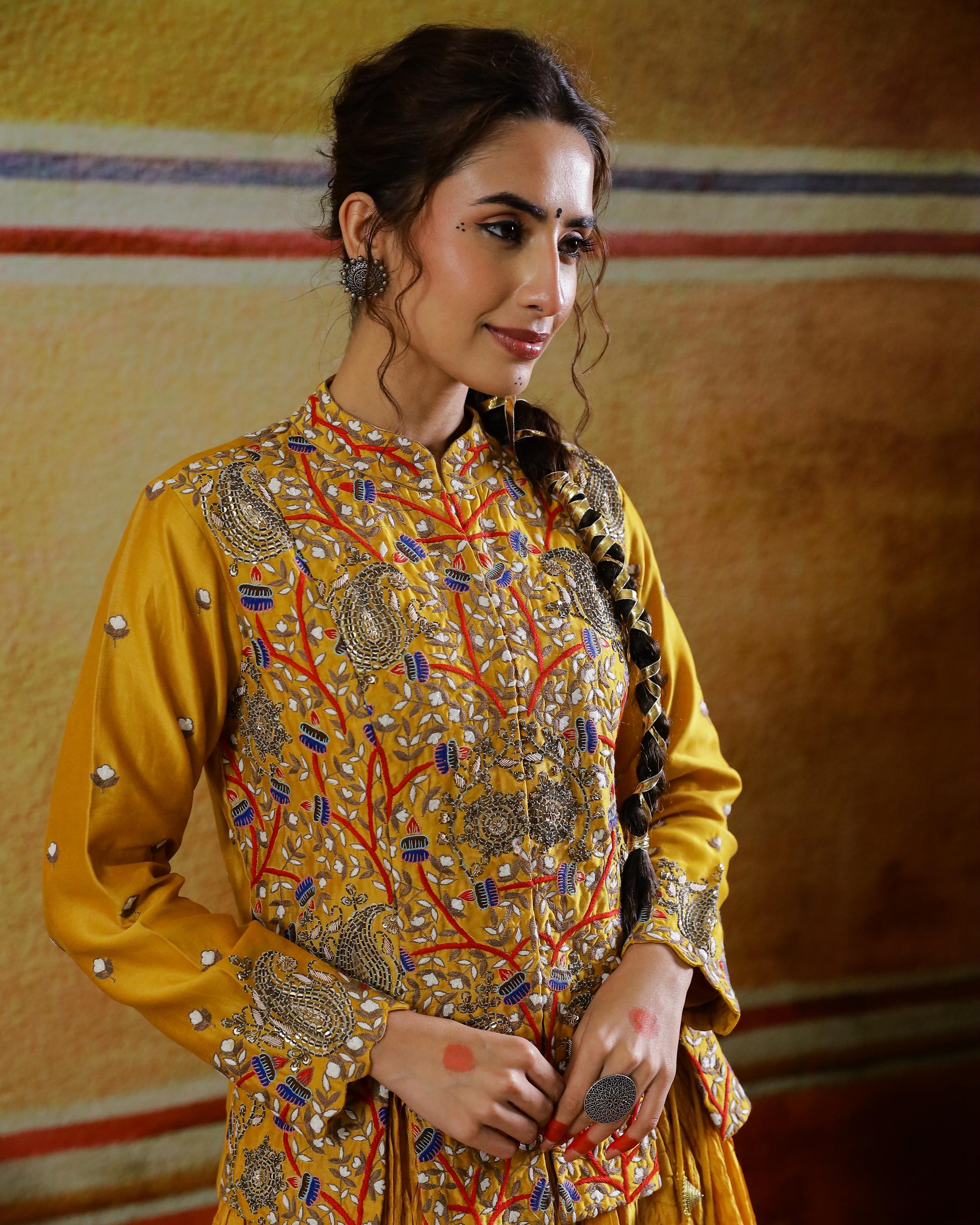 Mustard Embroidered Raw Silk Skirt with Jacket