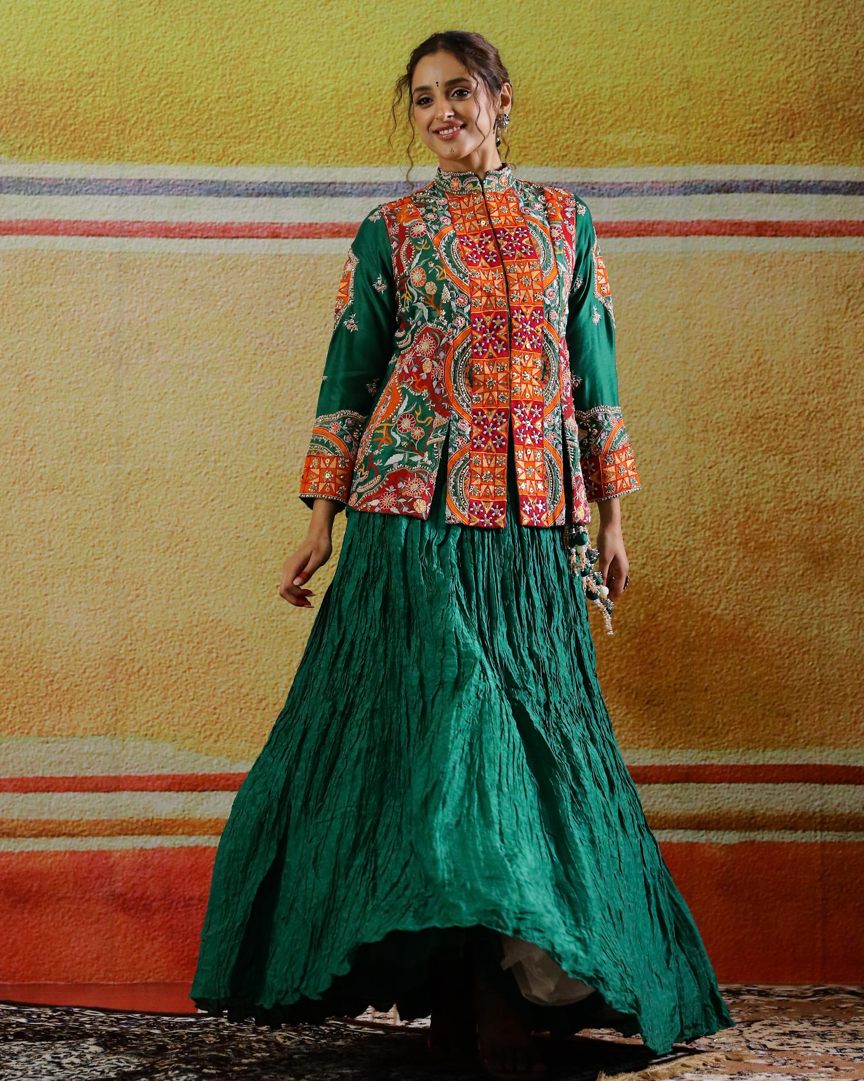 Dark Green Embroidered Raw Silk Skirt with Jacket