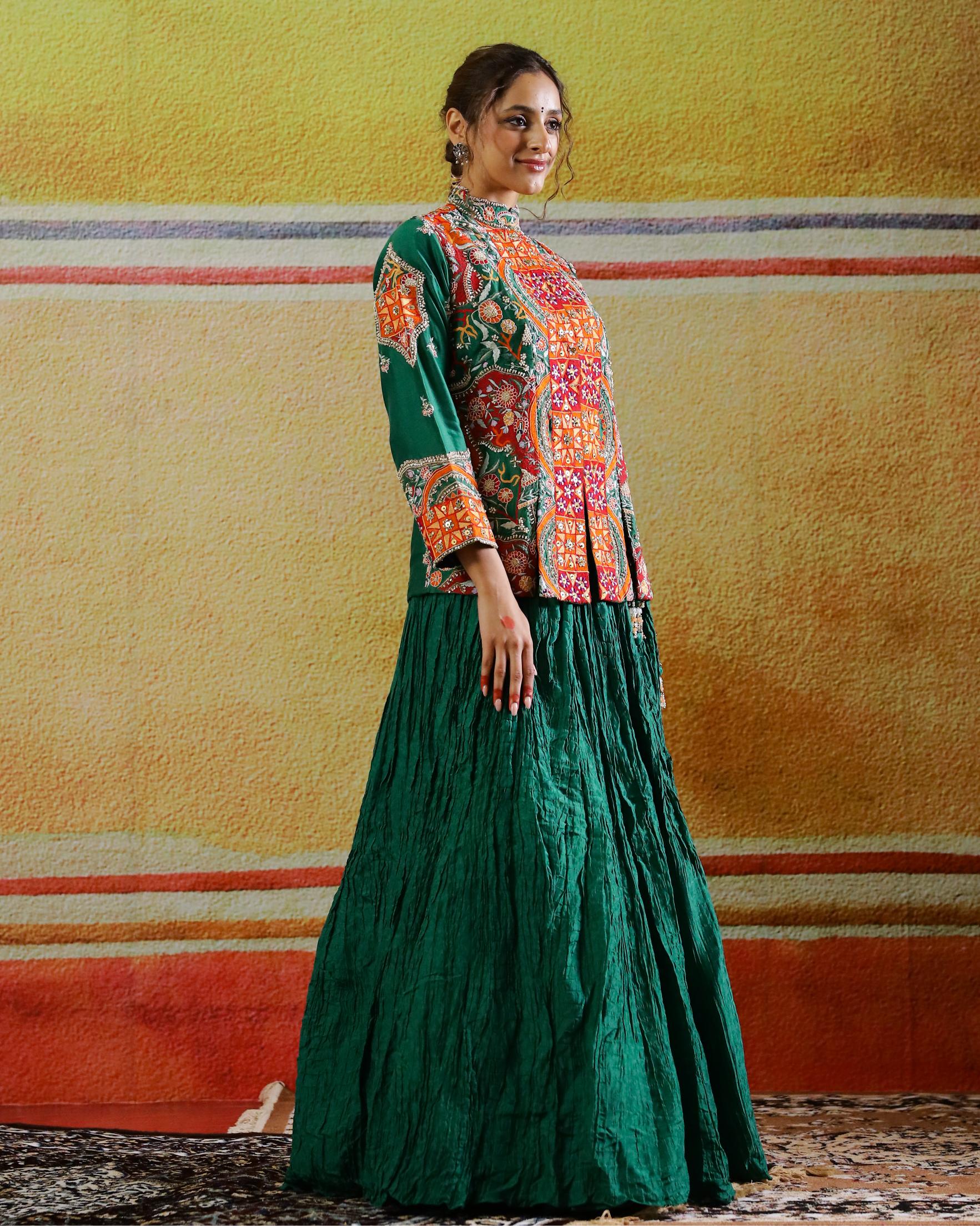 Dark Green Embroidered Raw Silk Skirt with Jacket