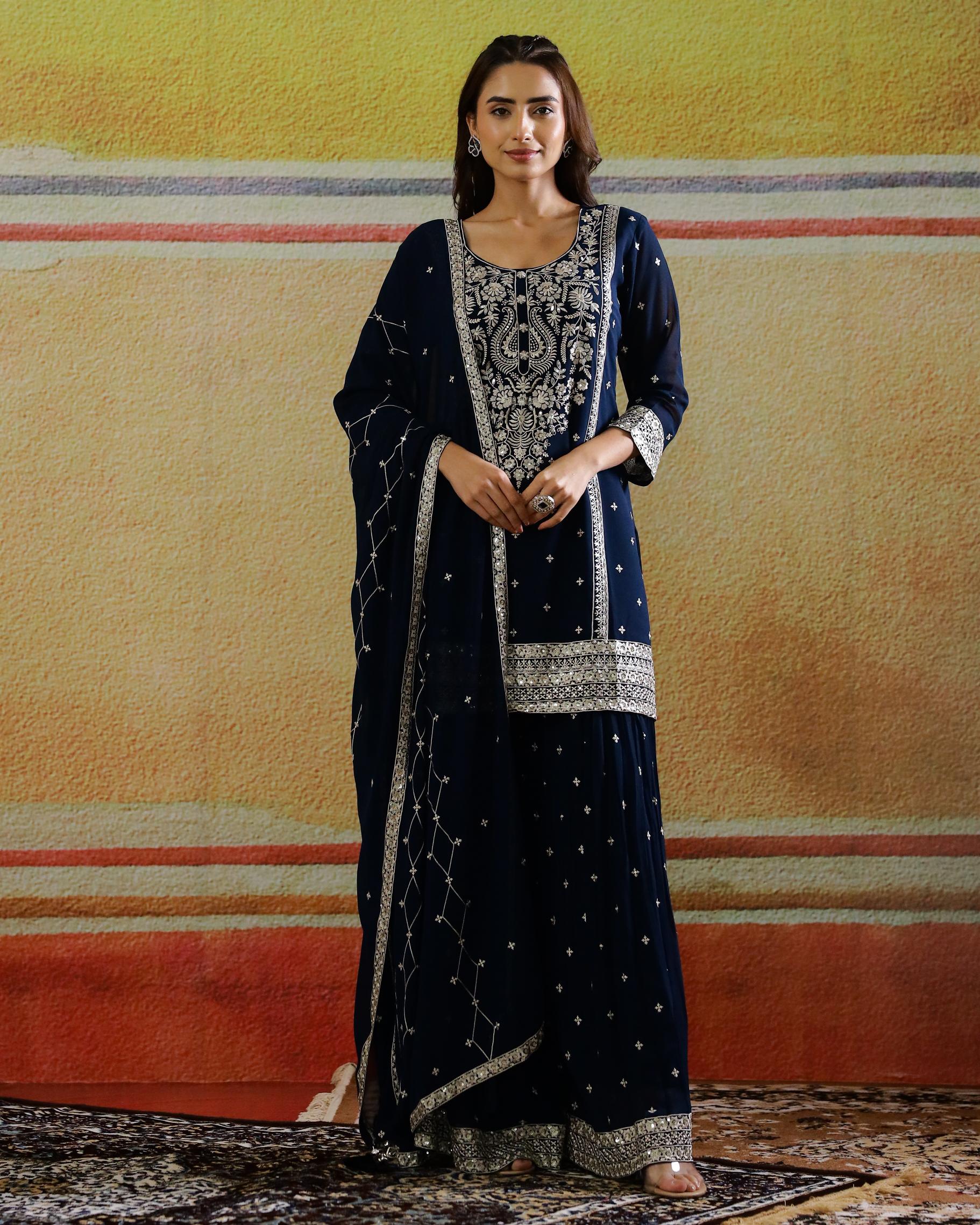 Classic Blue Embellished Georgette Silk Palazzo Set