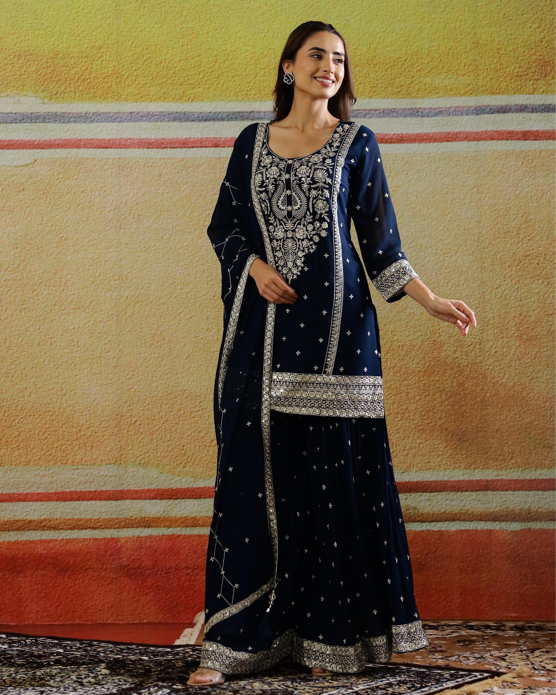 Classic Blue Embellished Georgette Silk Palazzo Set