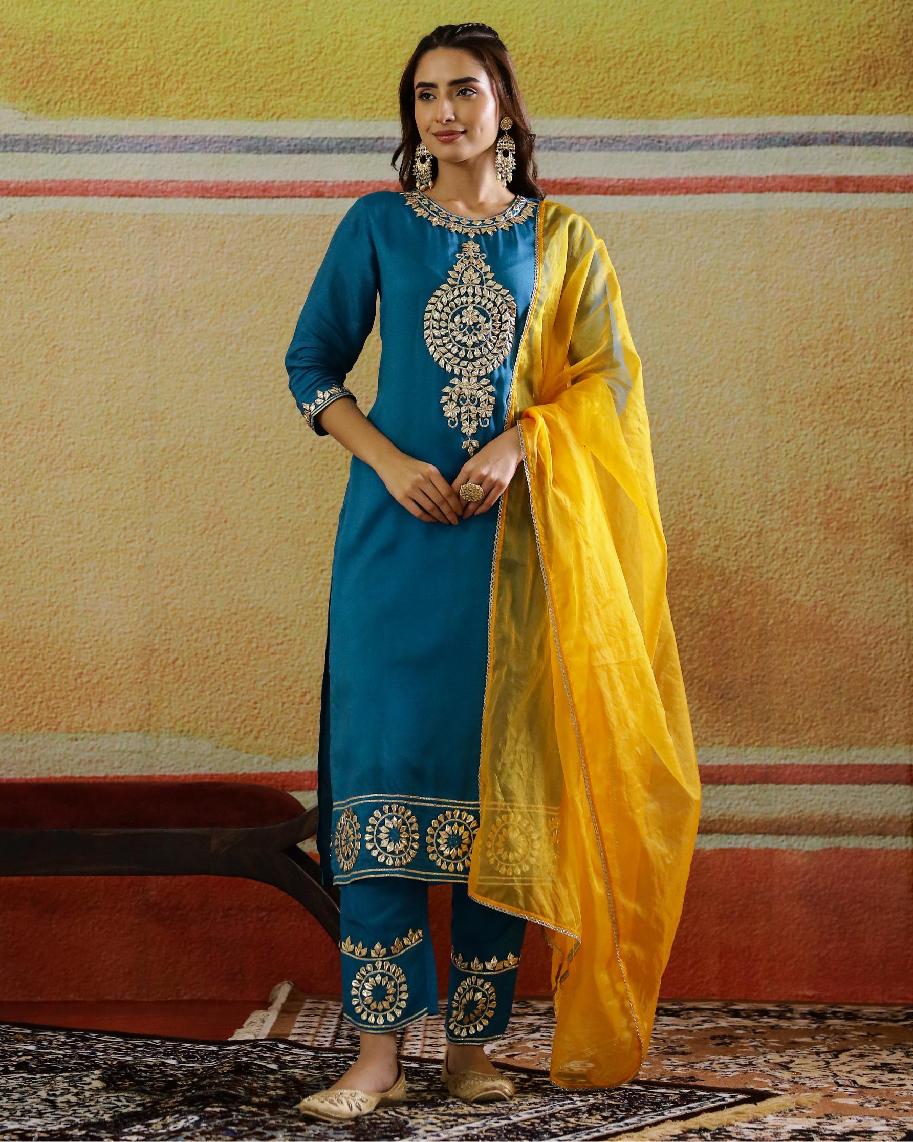 Teal Embellished Raw Silk Kurta Set