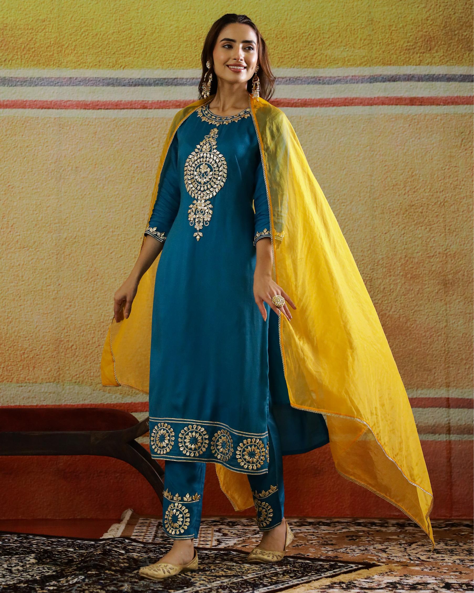 Teal Embellished Raw Silk Kurta Set