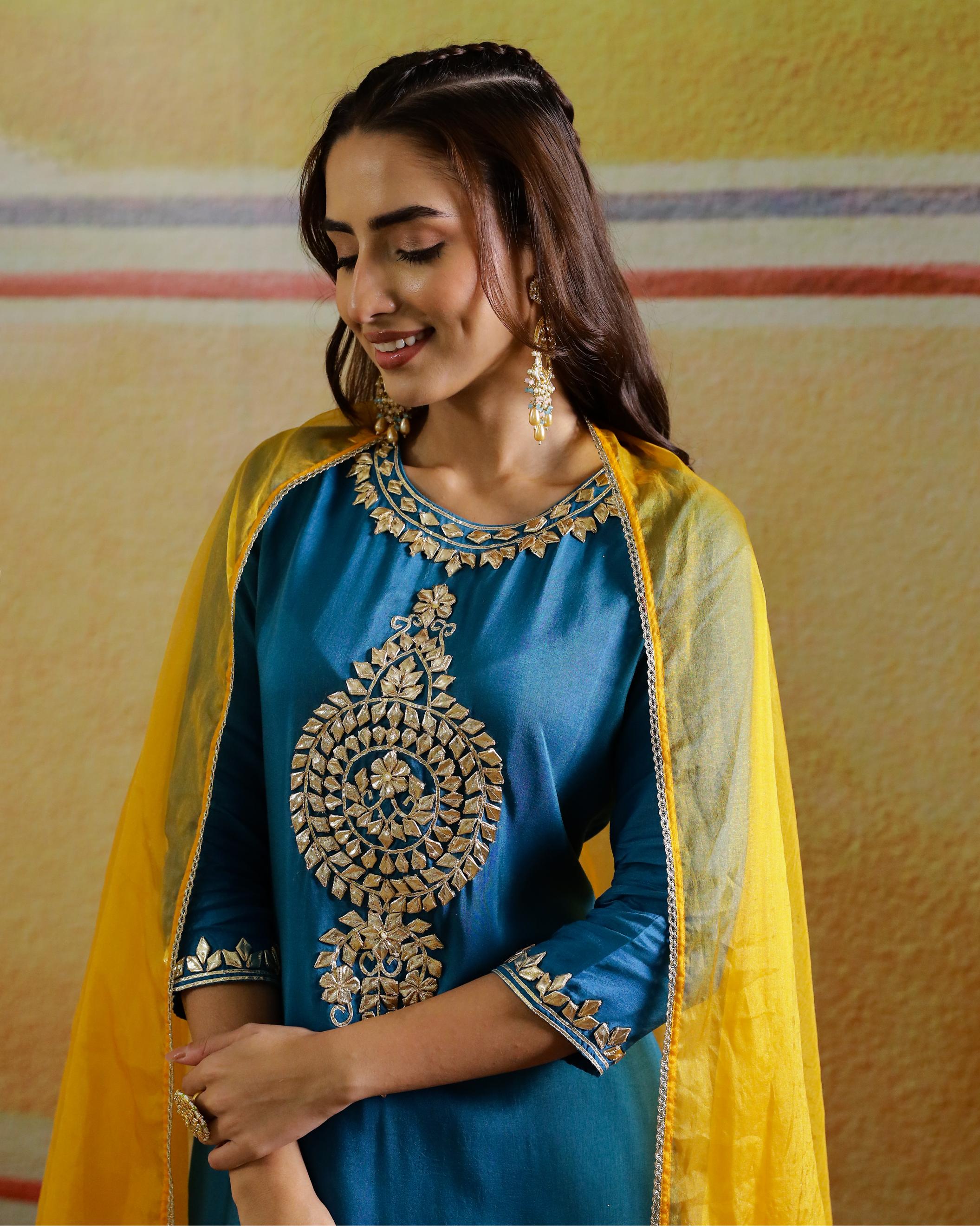 Teal Embellished Raw Silk Kurta Set