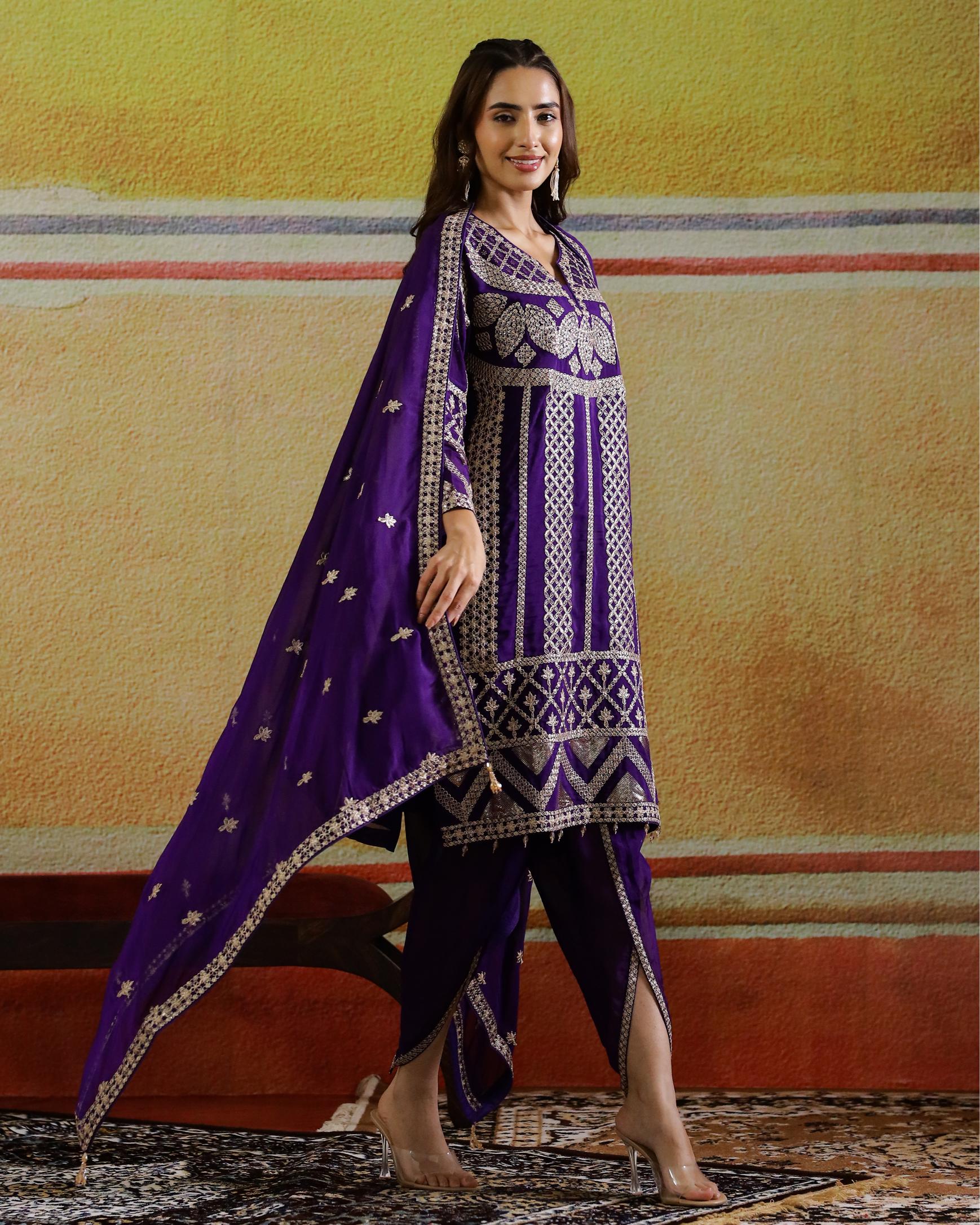 Purple Embellished Premium Silk Dhoti Set