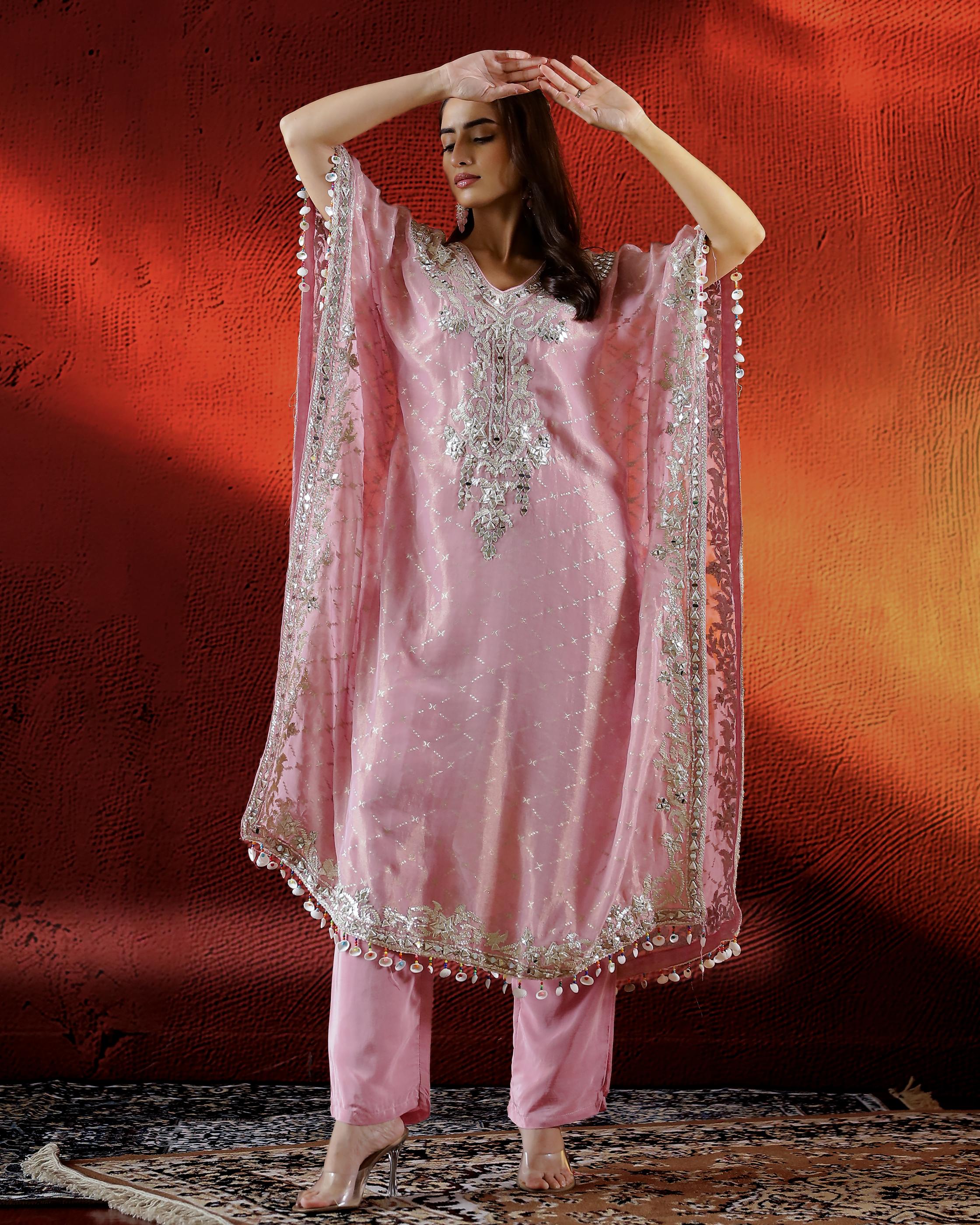 Shimmer Pink Embroidered Italian Silk Kaftan Set