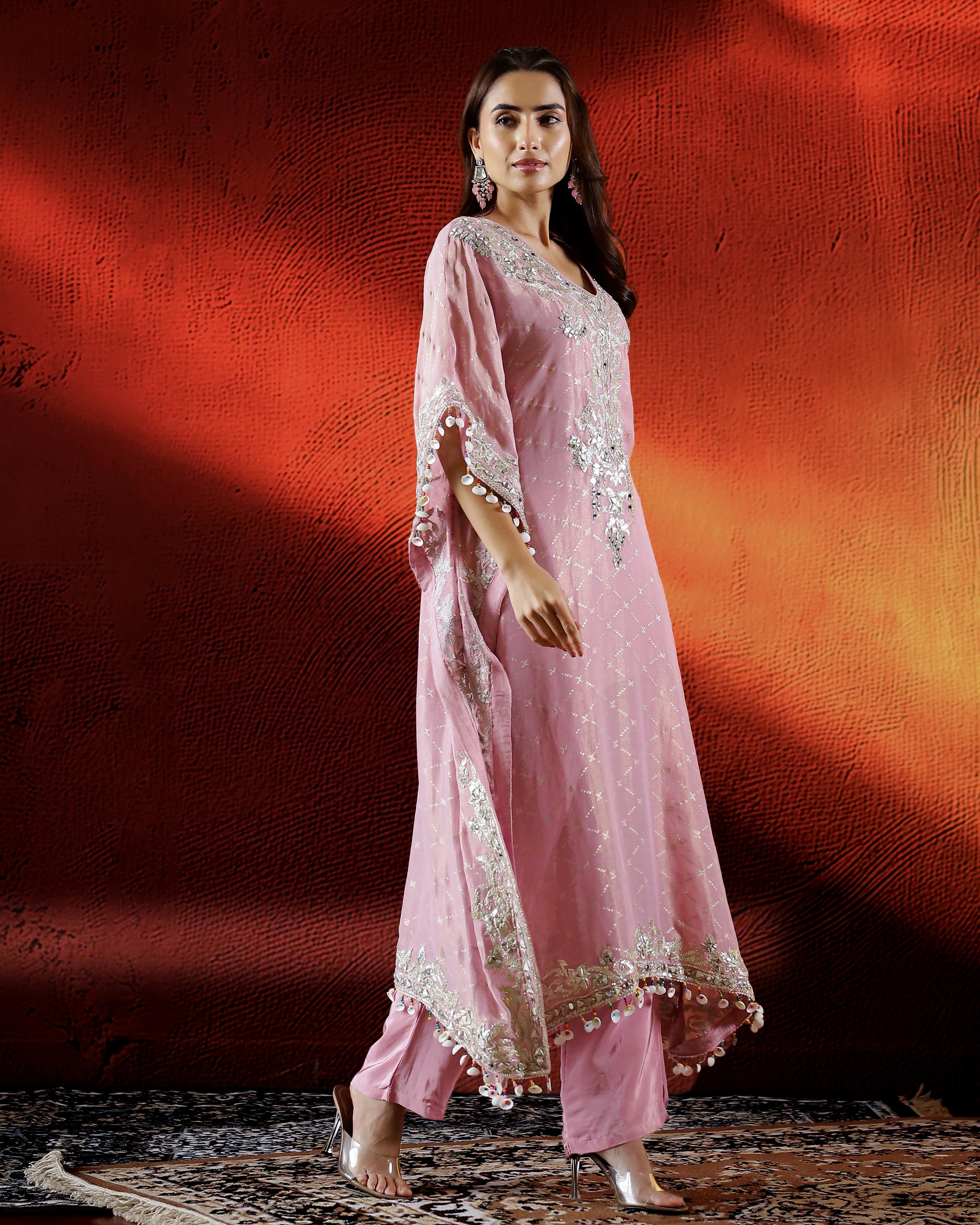 Shimmer Pink Embroidered Italian Silk Kaftan Set