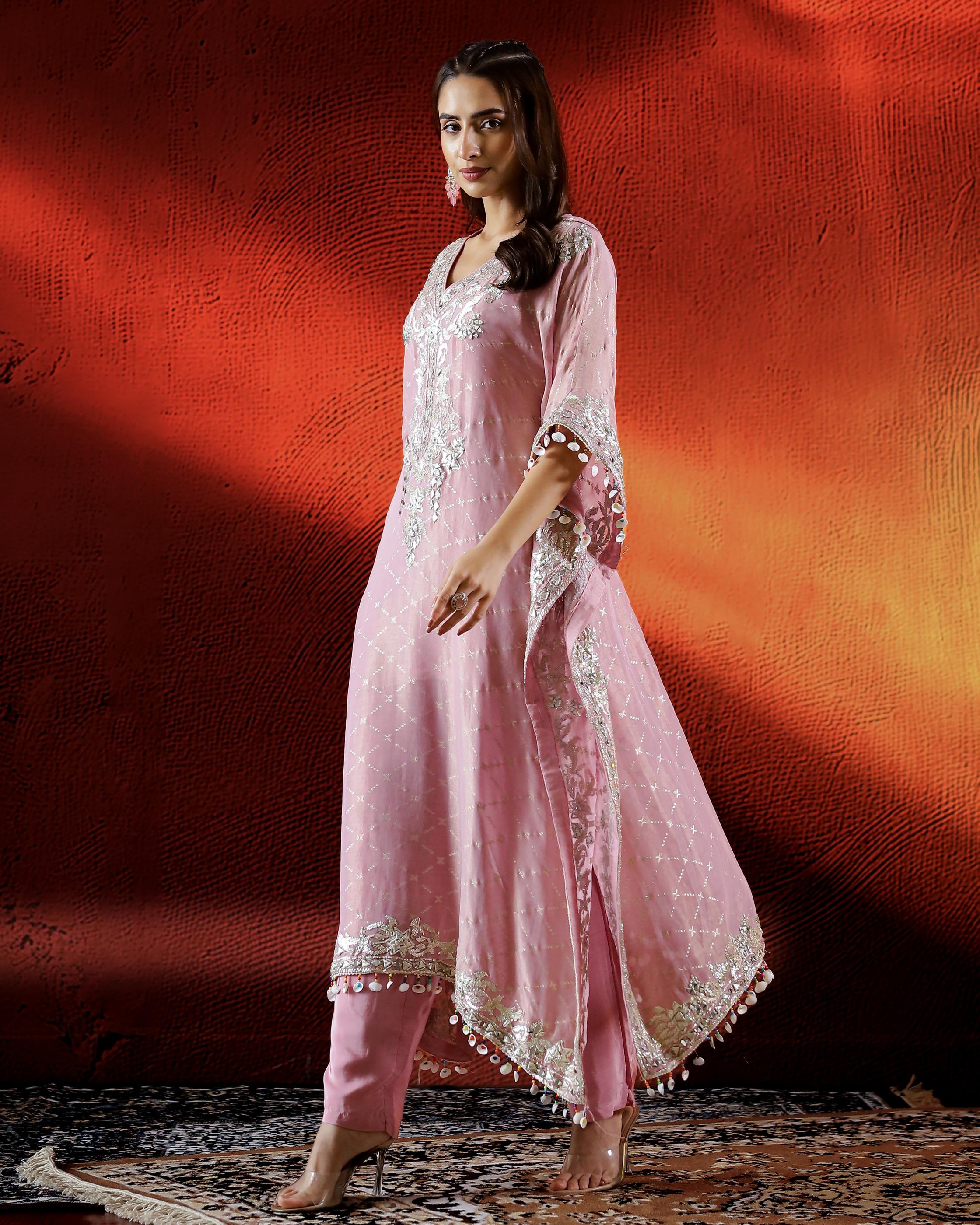 Shimmer Pink Embroidered Italian Silk Kaftan Set