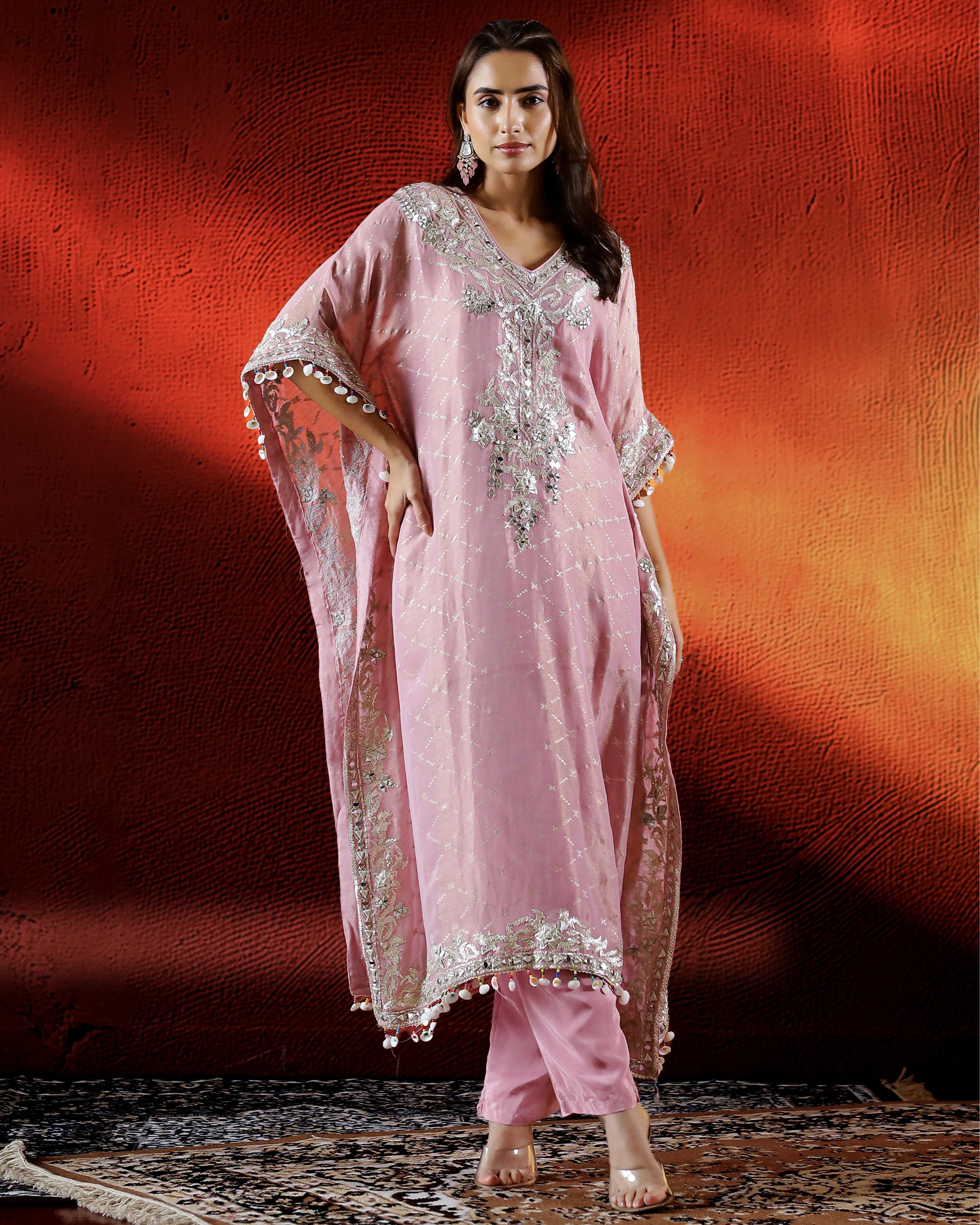 Shimmer Pink Embroidered Italian Silk Kaftan Set