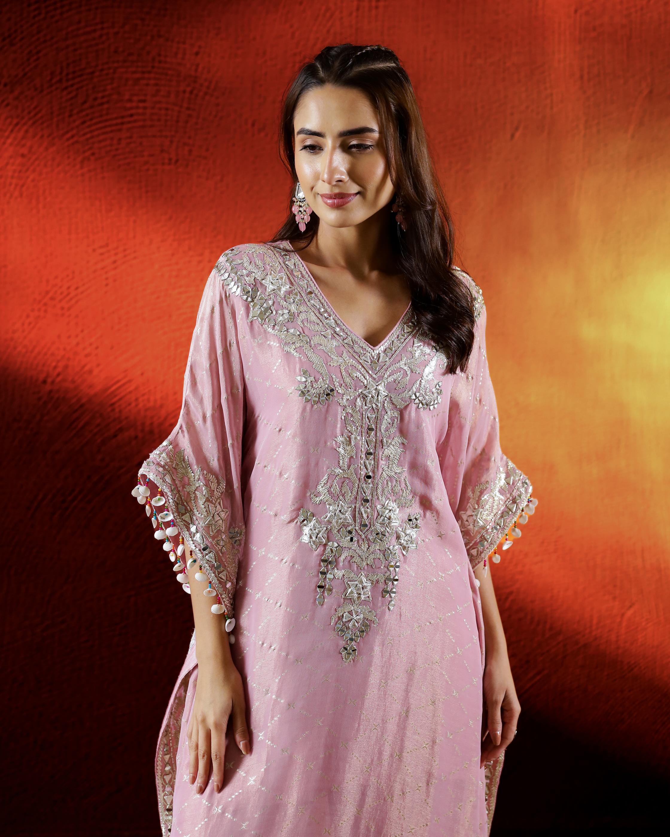 Shimmer Pink Embroidered Italian Silk Kaftan Set