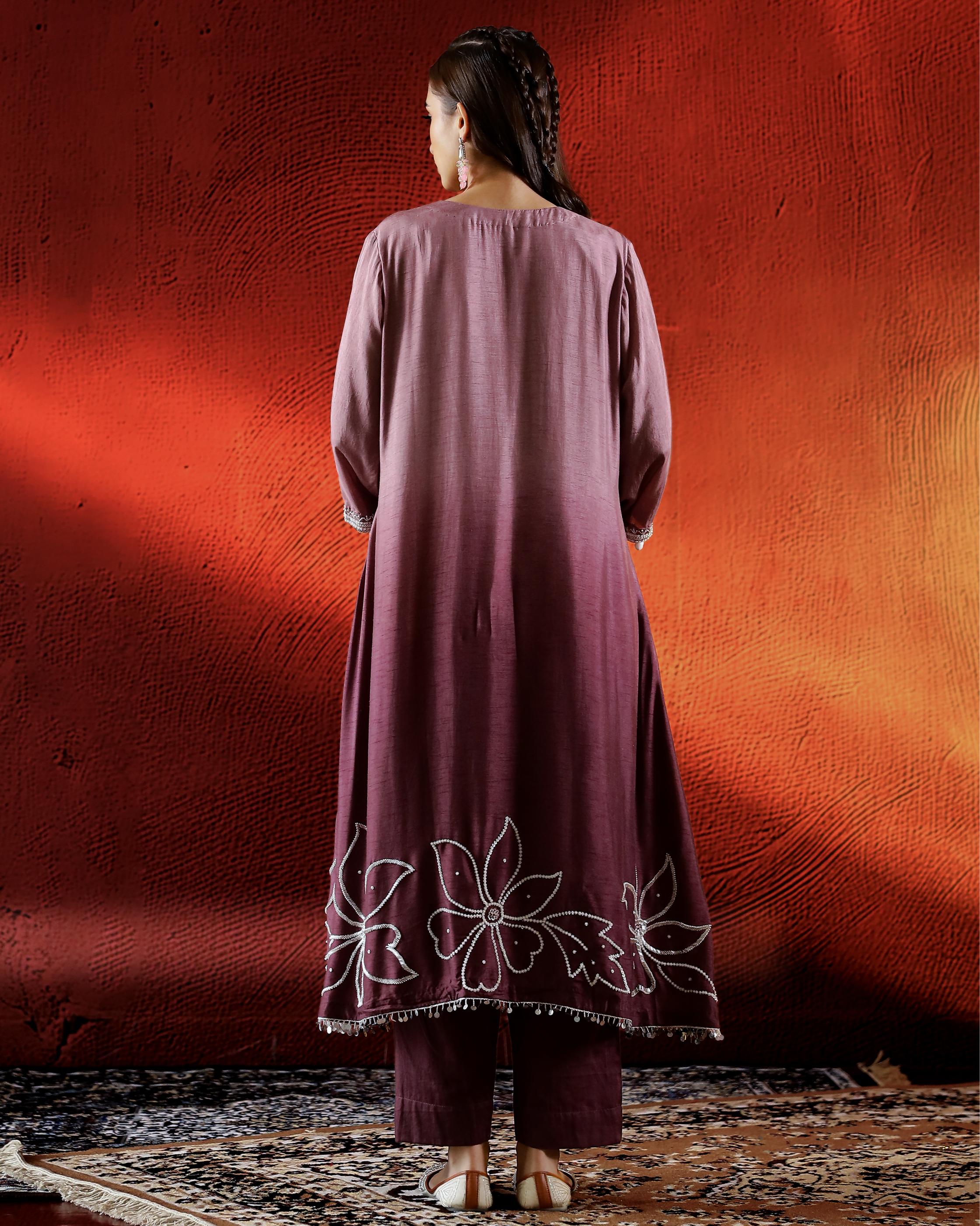 Dark Mauve Embellished Belgium Silk Kurta Set