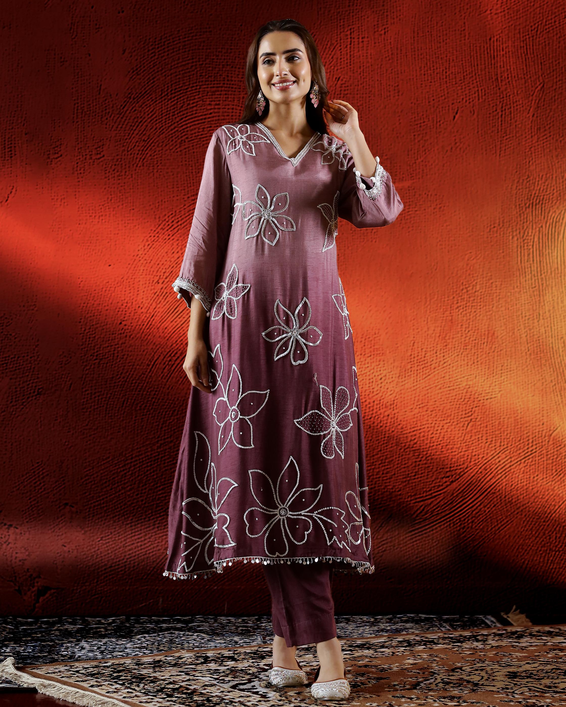 Dark Mauve Embellished Belgium Silk Kurta Set