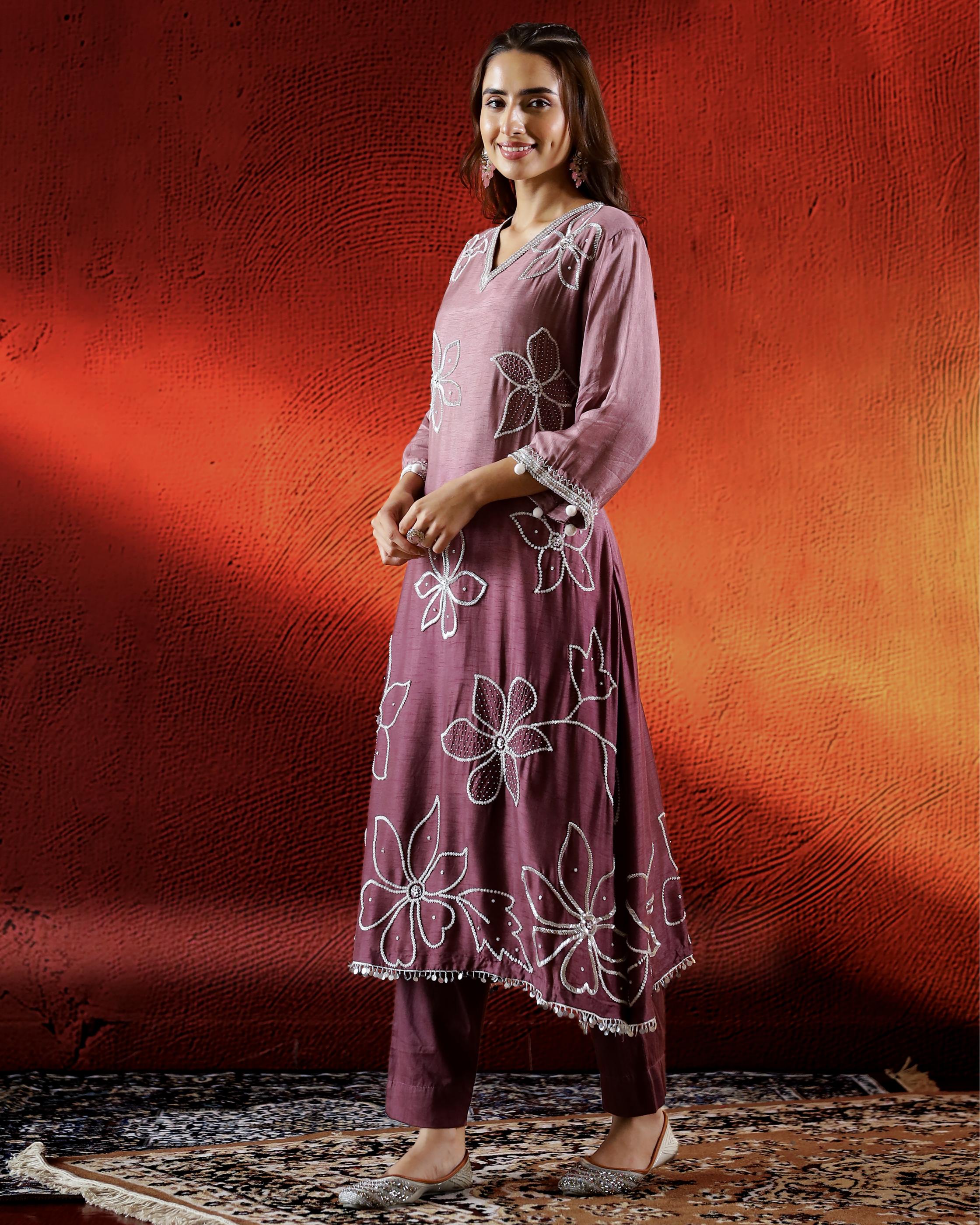 Dark Mauve Embellished Belgium Silk Kurta Set