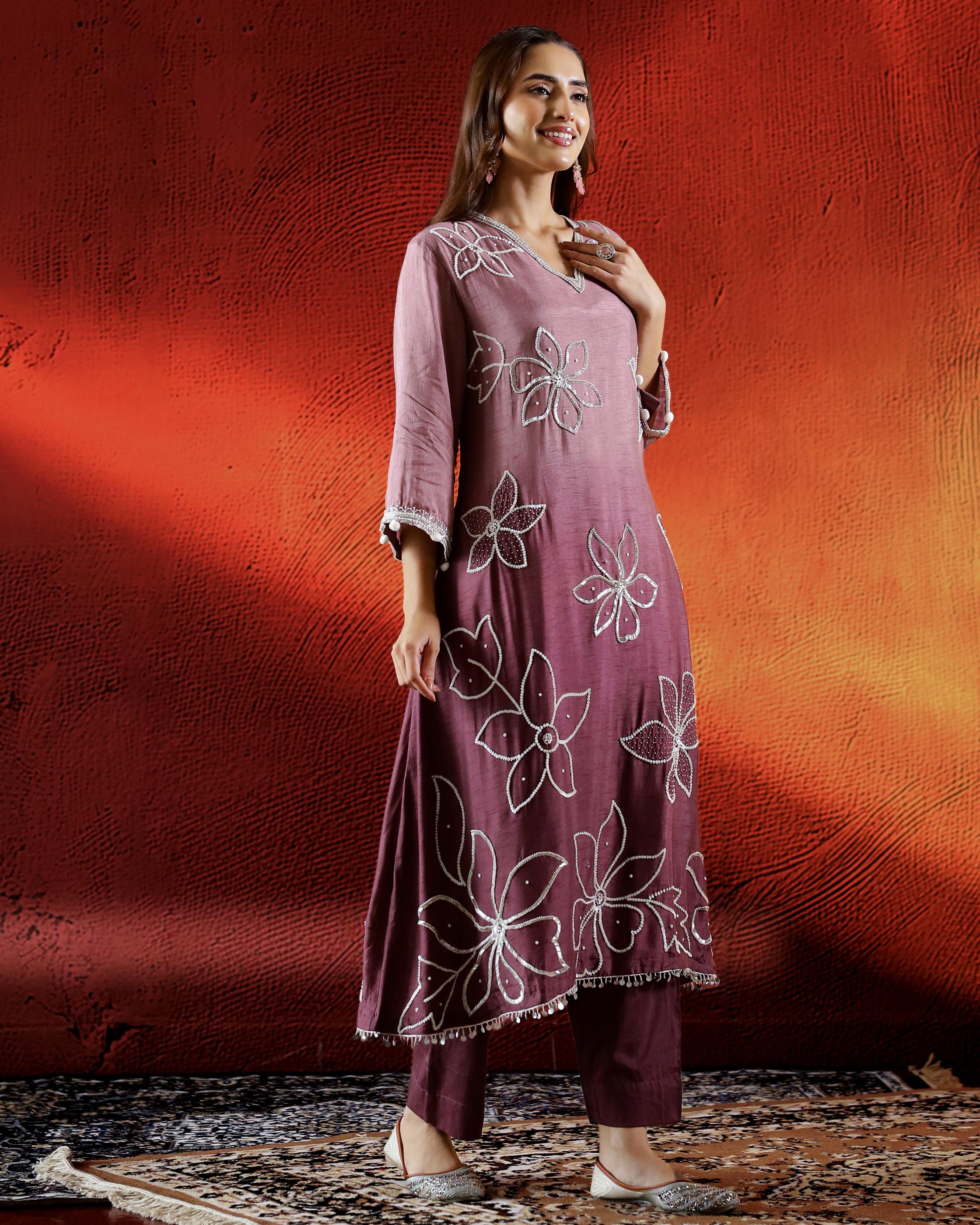 Dark Mauve Embellished Belgium Silk Kurta Set