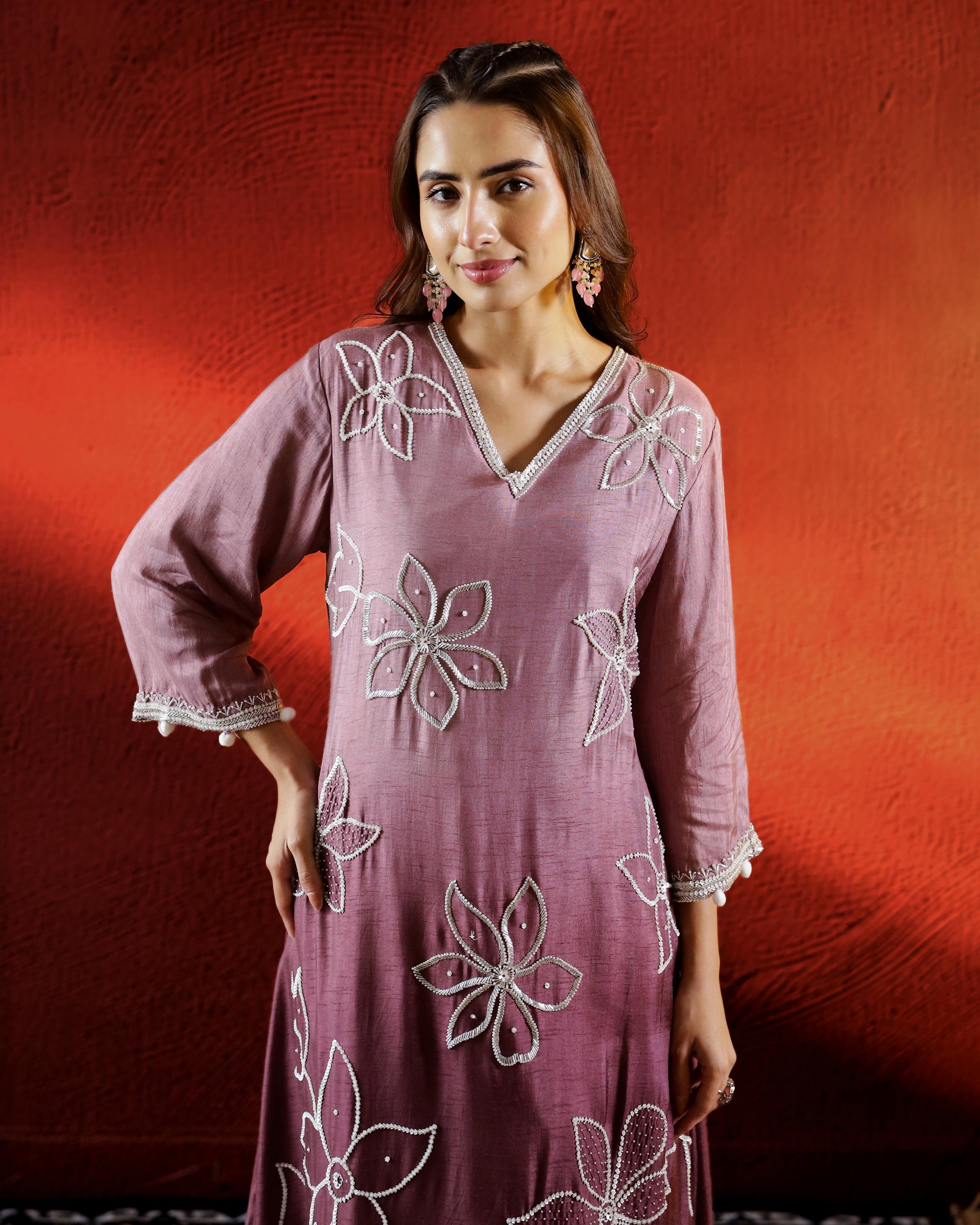 Dark Mauve Embellished Belgium Silk Kurta Set