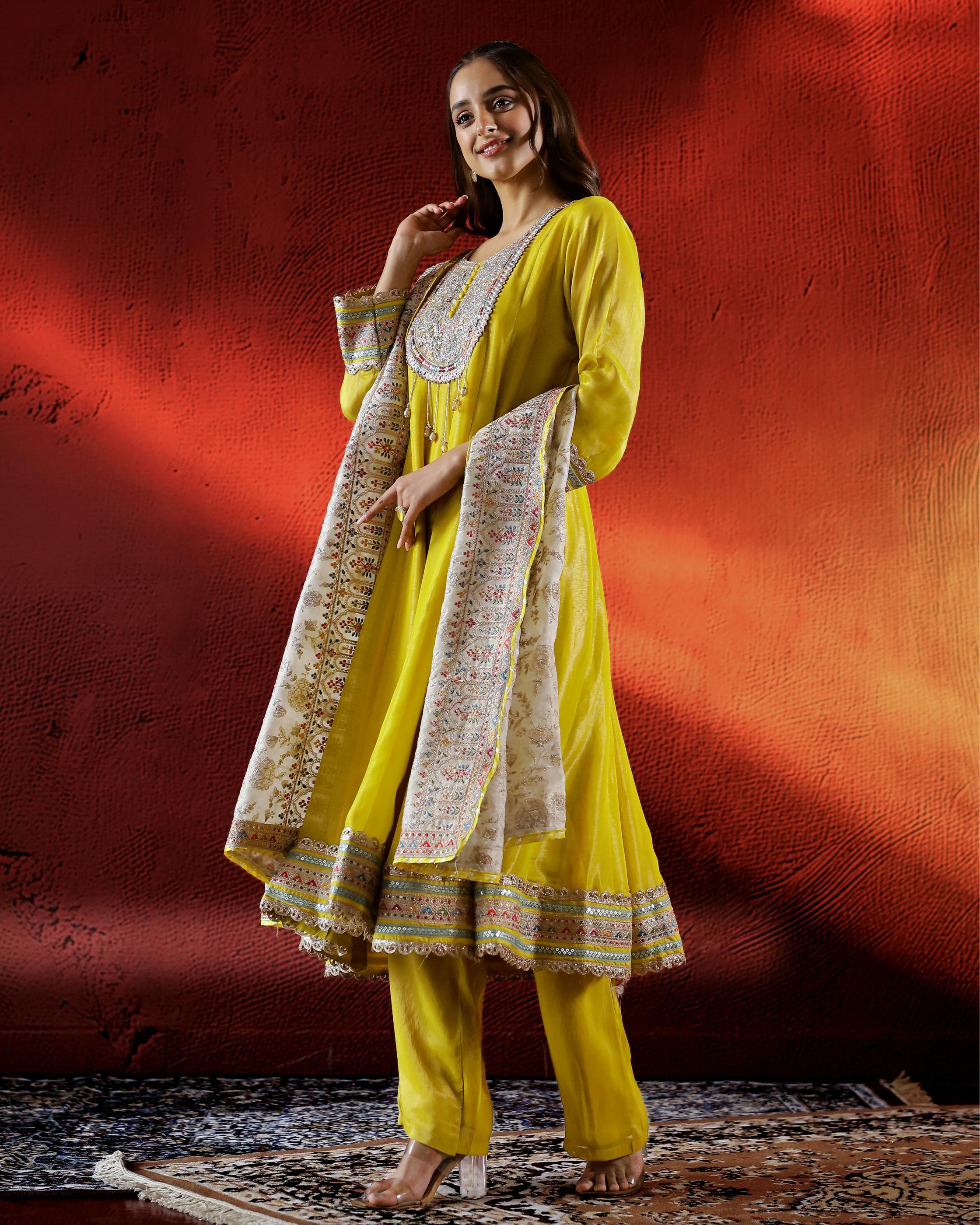 Yellow Embellished Shimmer Premium Silk Anarkali Set