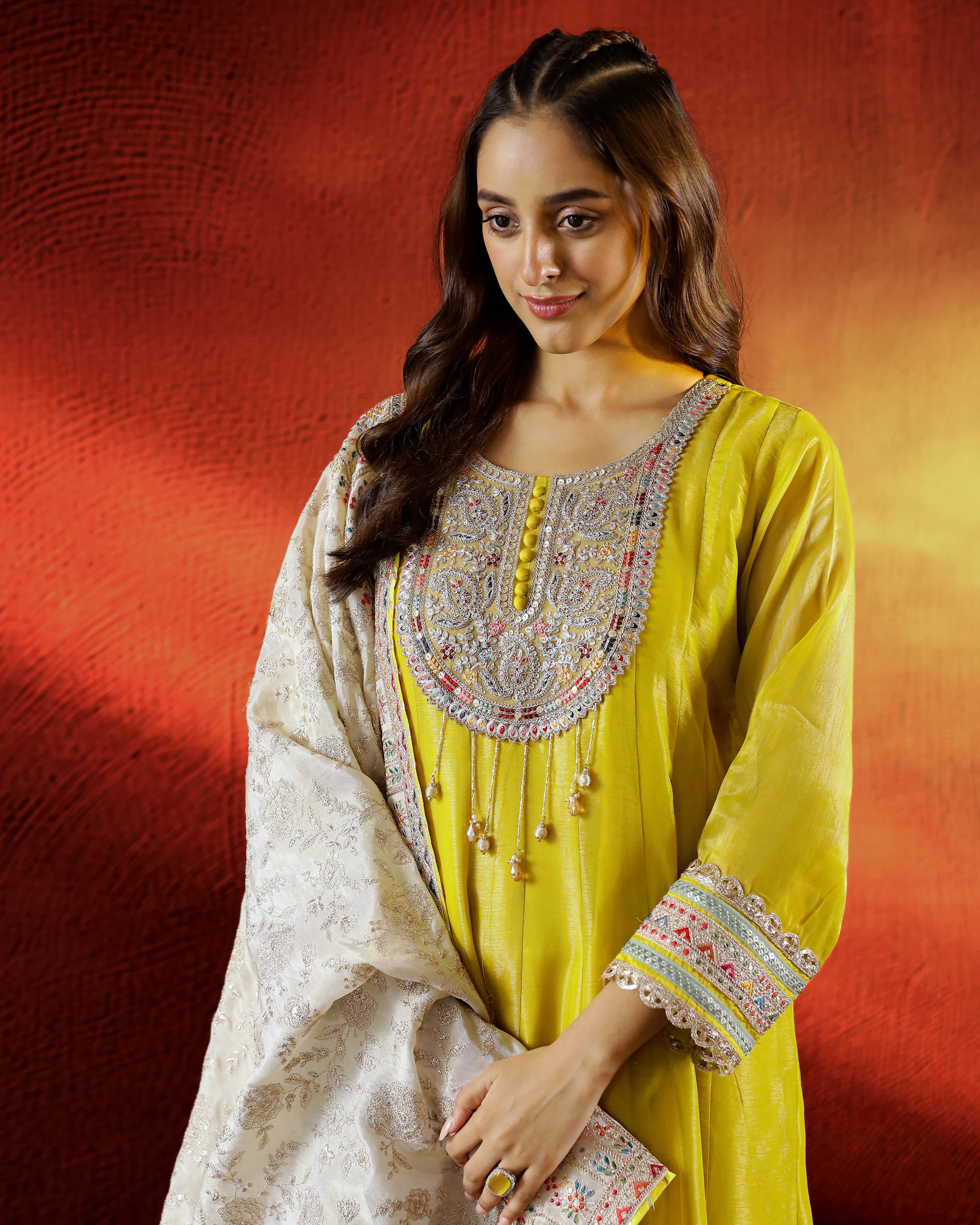 Yellow Embellished Shimmer Premium Silk Anarkali Set