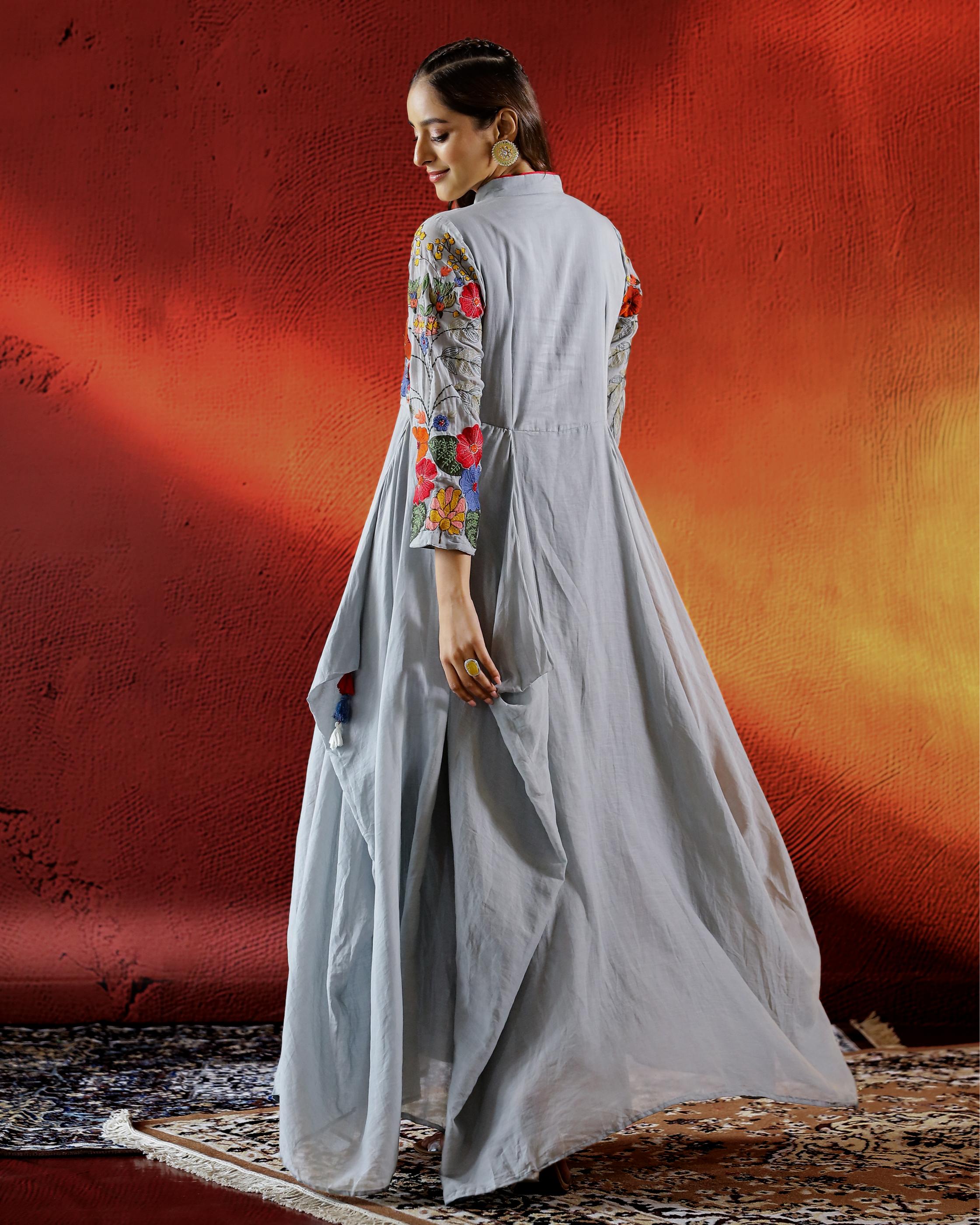 Pastel Grey Embroidered Organic Cotton Gown