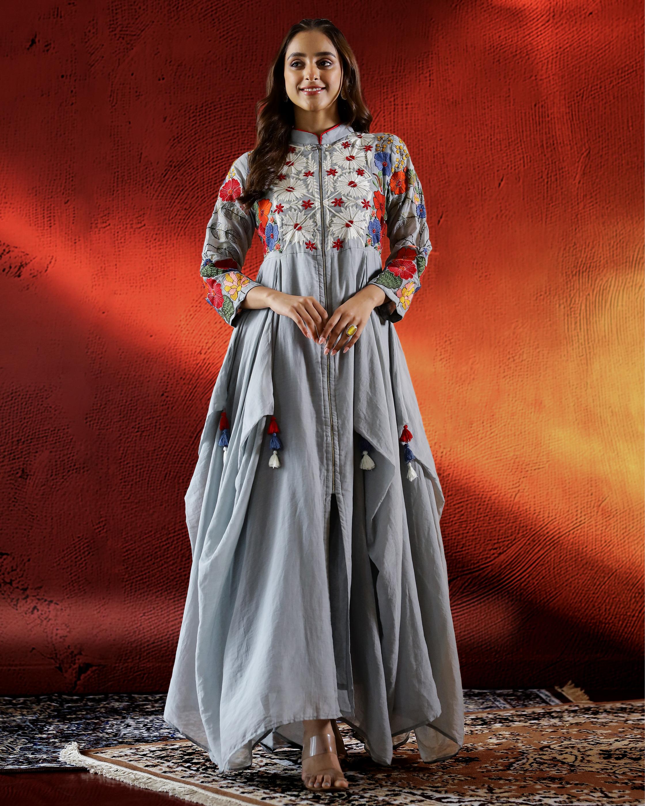 Pastel Grey Embroidered Organic Cotton Gown