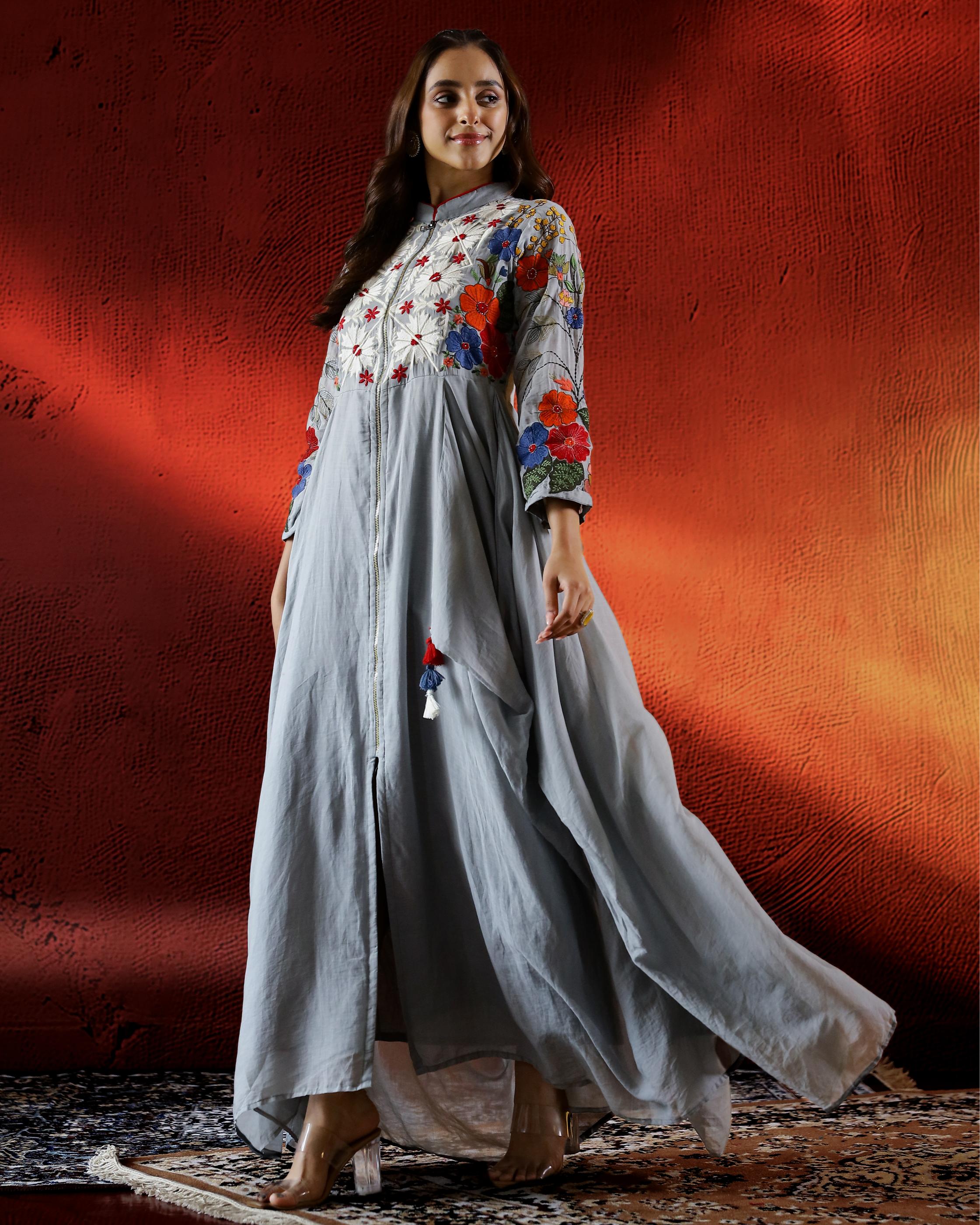 Pastel Grey Embroidered Organic Cotton Gown