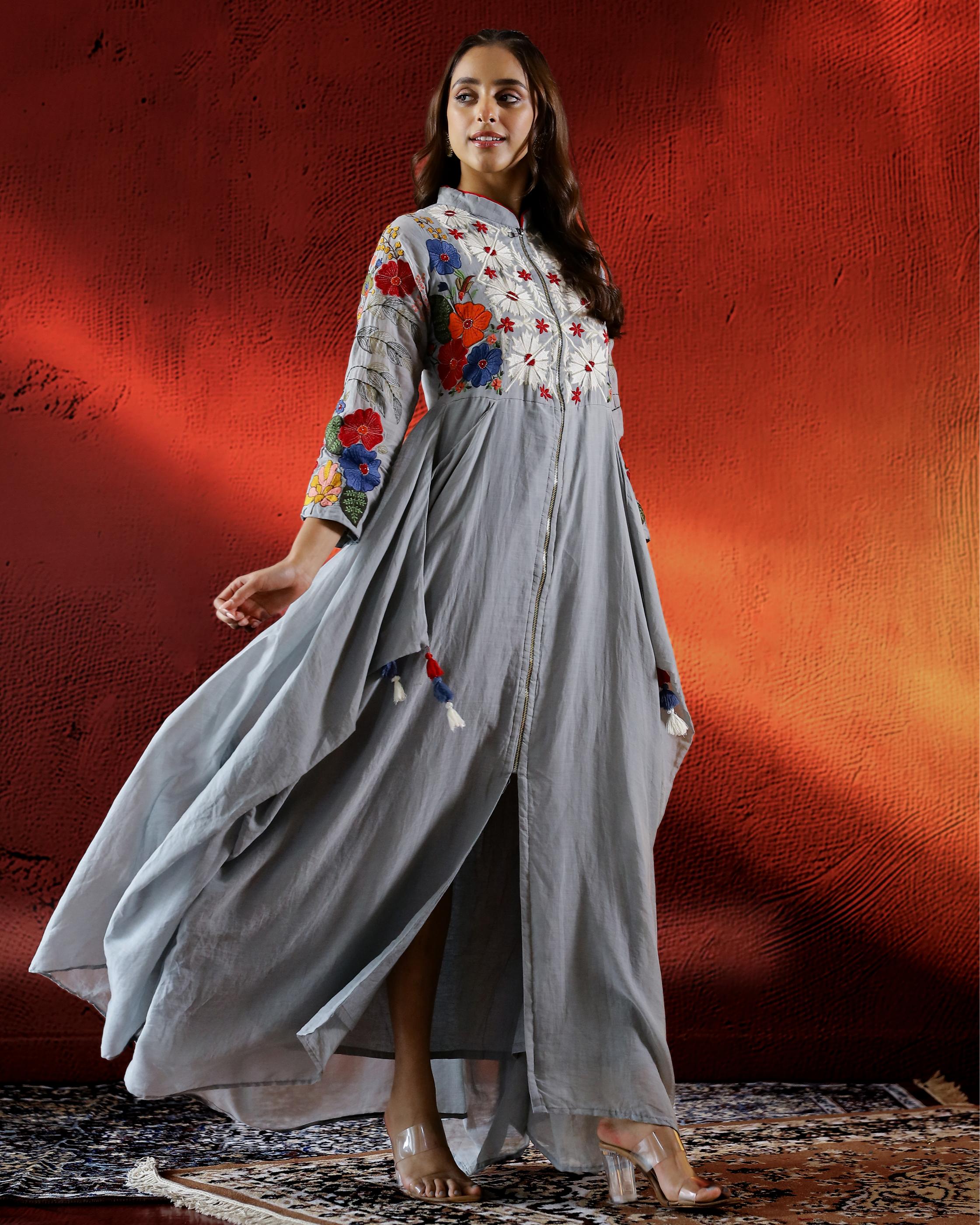 Pastel Grey Embroidered Organic Cotton Gown