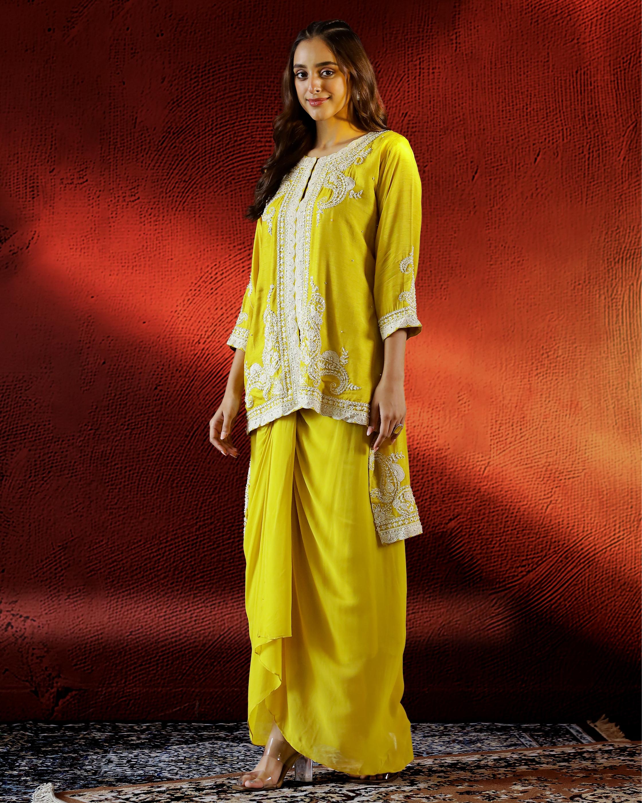 Yellow Embellished Raw Silk Drape Skirt Set