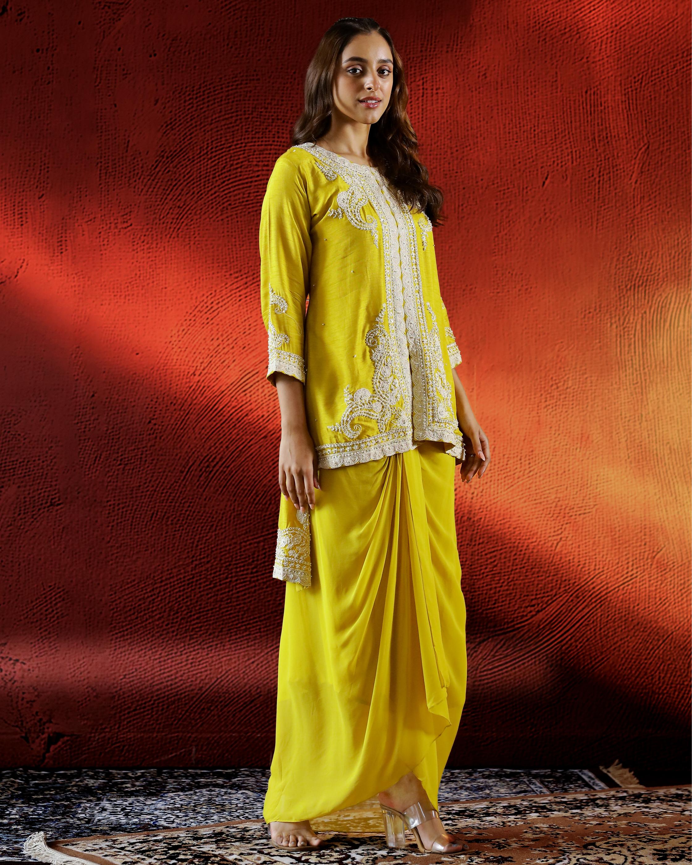 Yellow Embellished Raw Silk Drape Skirt Set