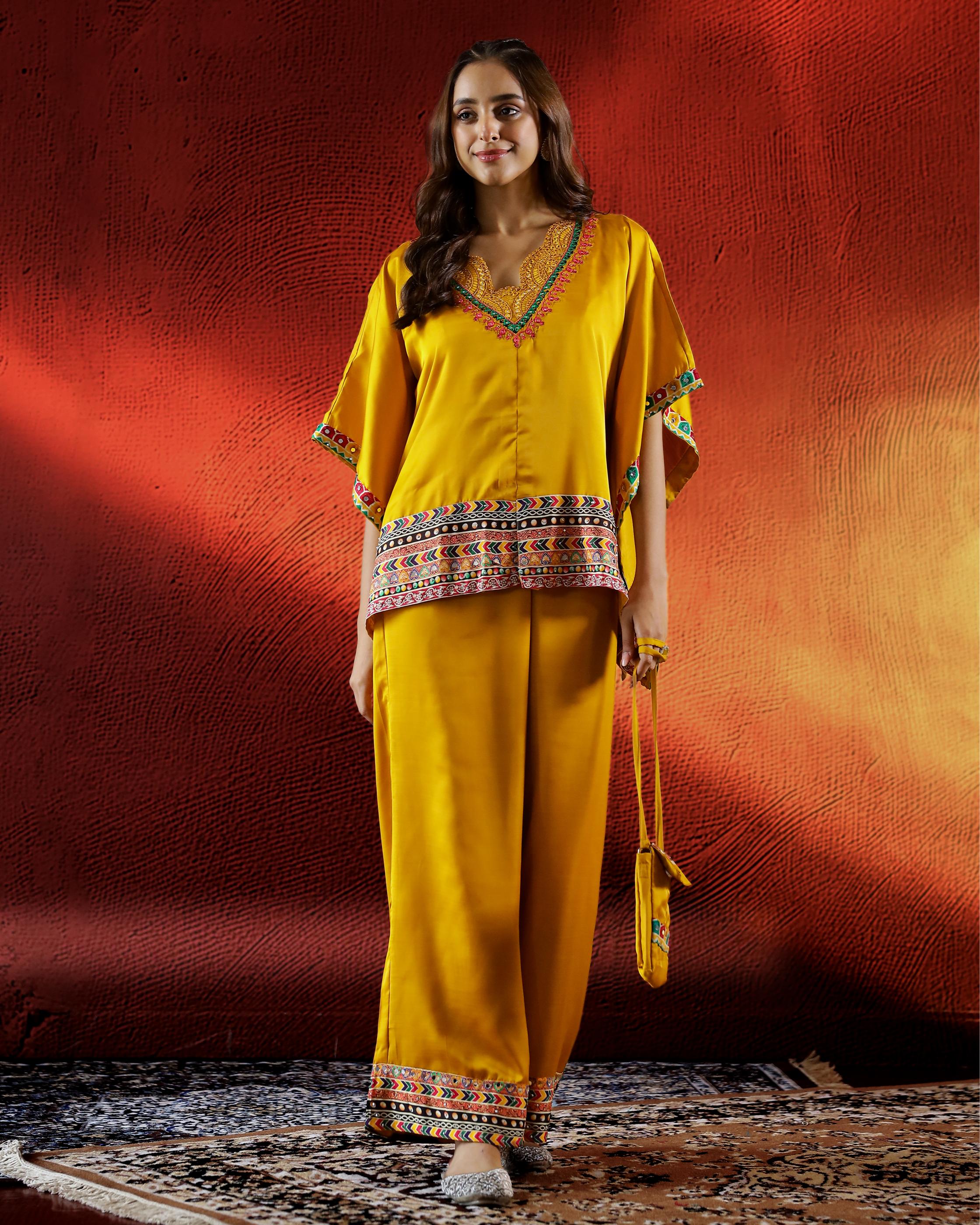 Mustard Embroidered Crepe Silk Kaftan Set