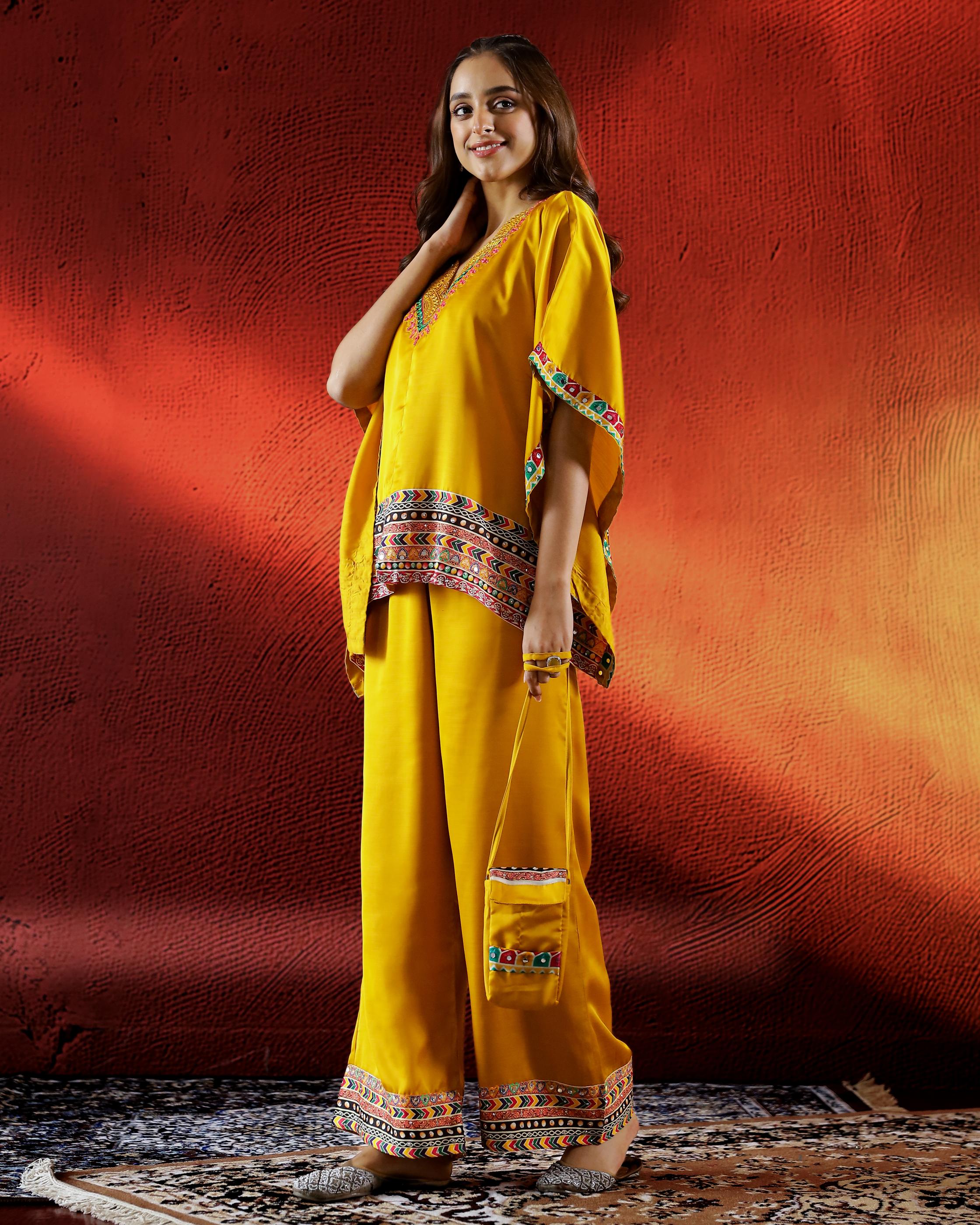 Mustard Embroidered Crepe Silk Kaftan Set