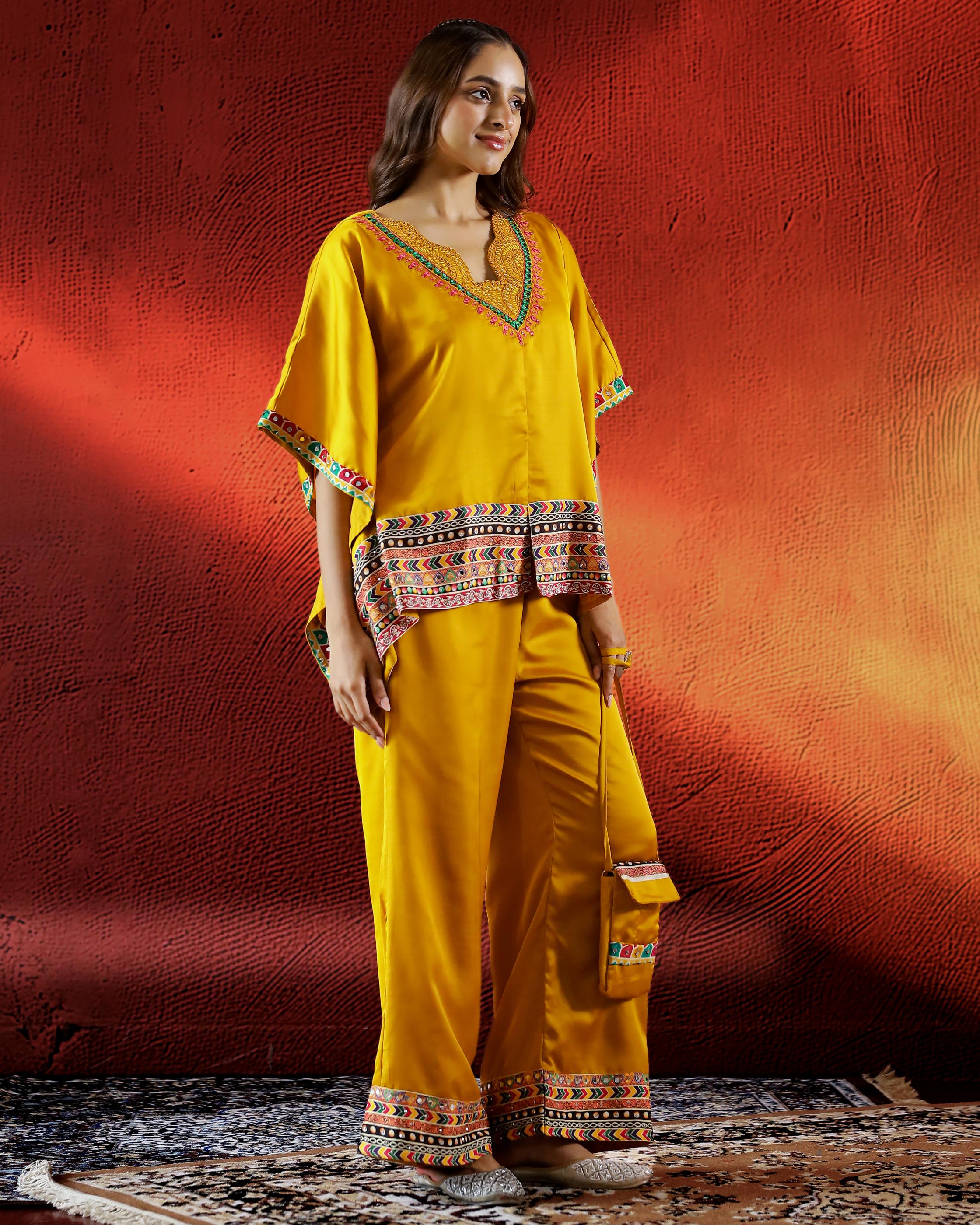 Mustard Embroidered Crepe Silk Kaftan Set