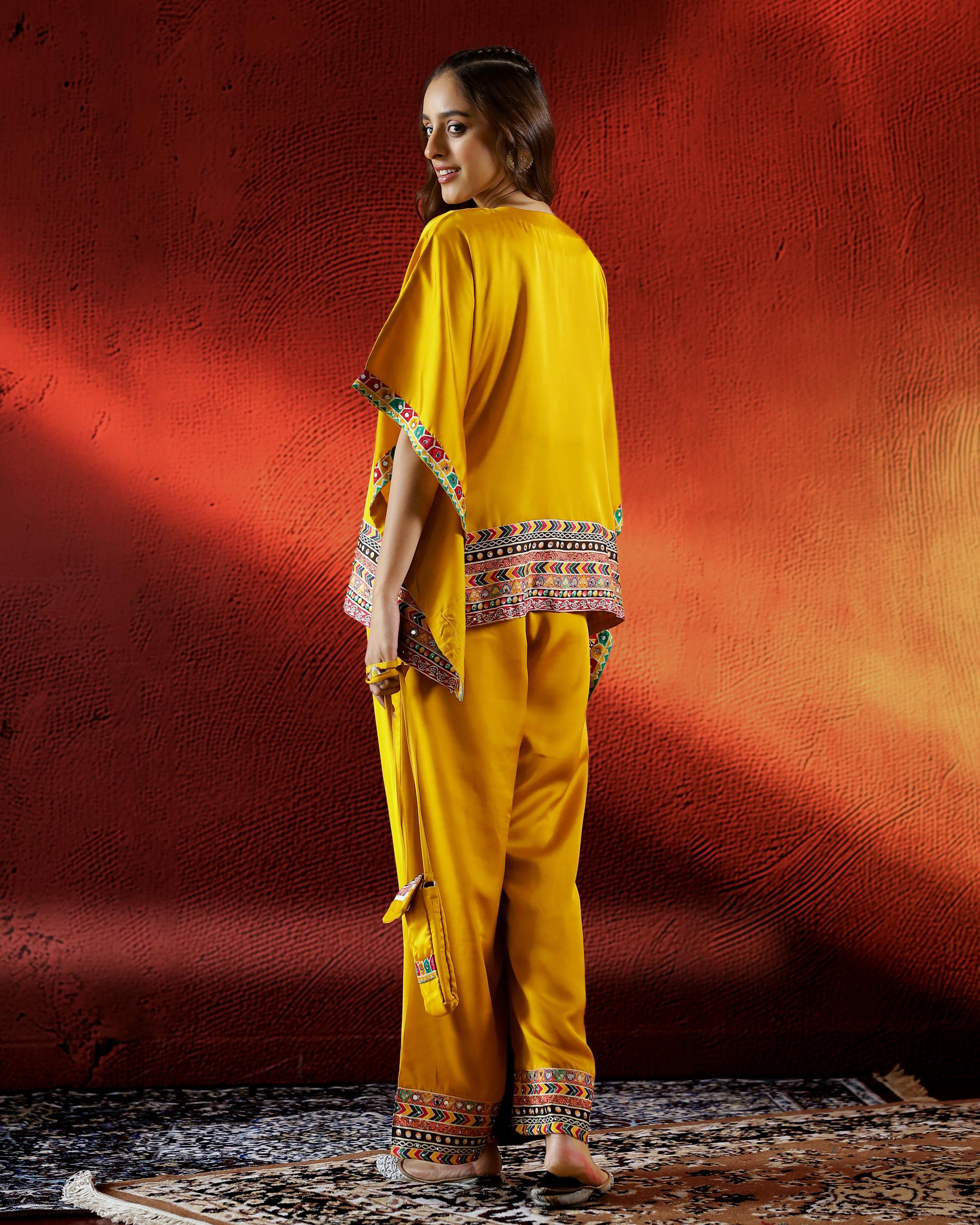 Mustard Embroidered Crepe Silk Kaftan Set