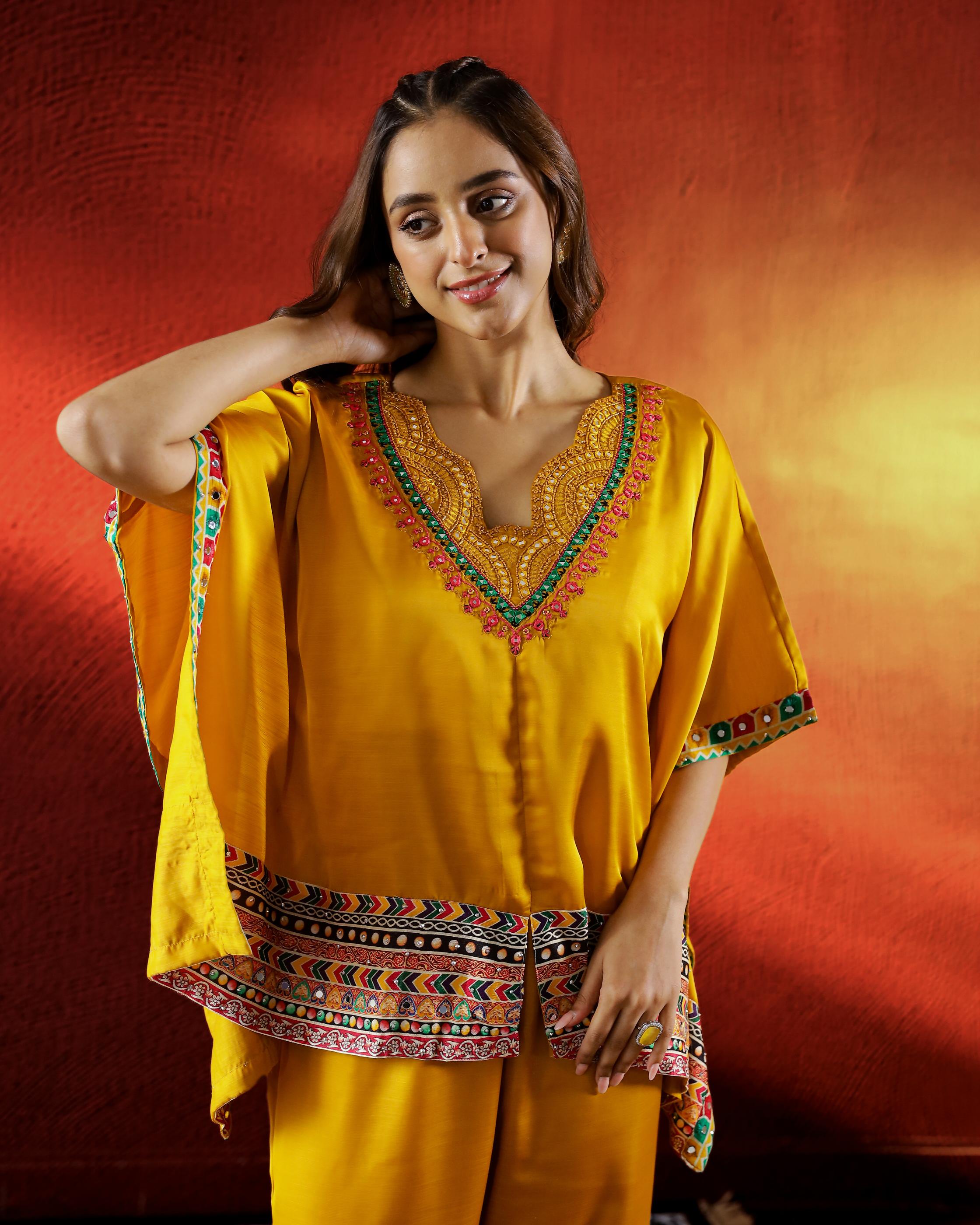 Mustard Embroidered Crepe Silk Kaftan Set