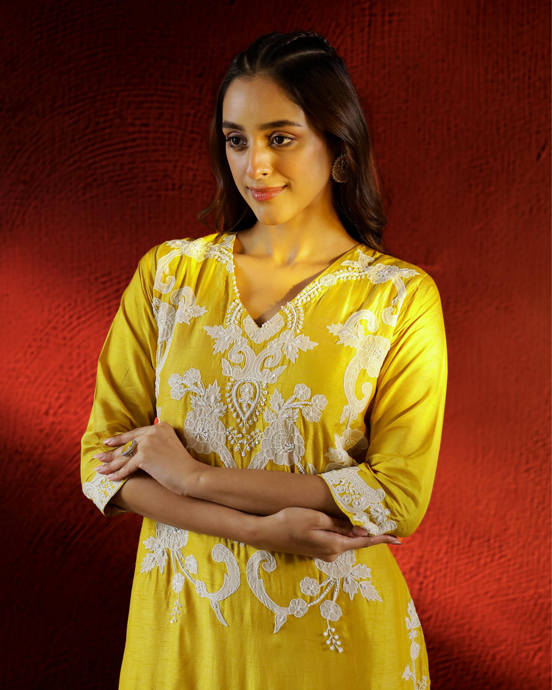 Bright Yellow Embellished Raw Silk Sharara Set