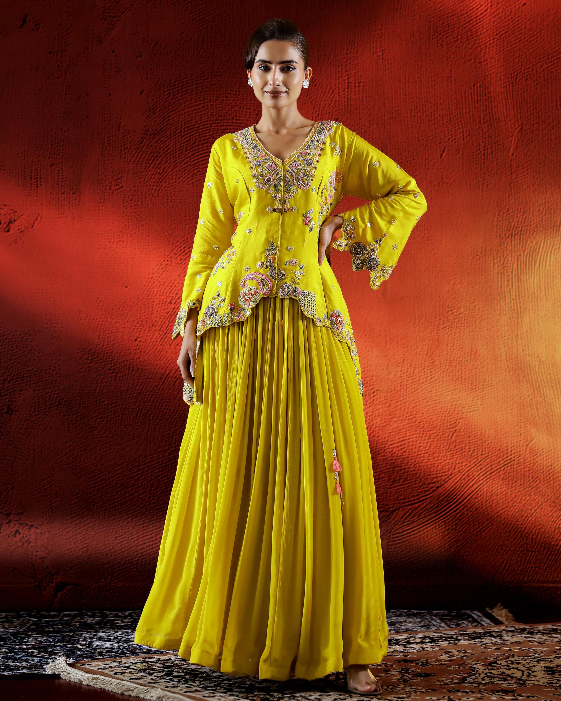 Festive Yellow Embellished Chinon Silk Lehenga Set