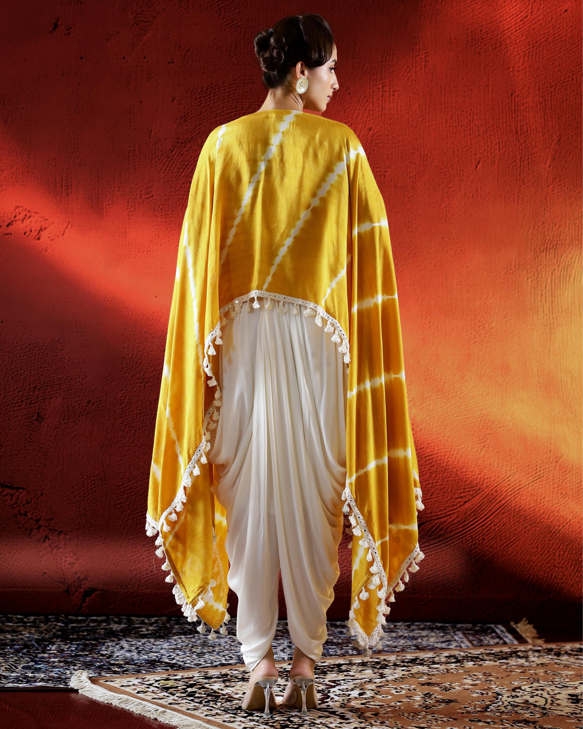 Golden Yellow Leheriya Printed Raw Silk Kaftan Set.