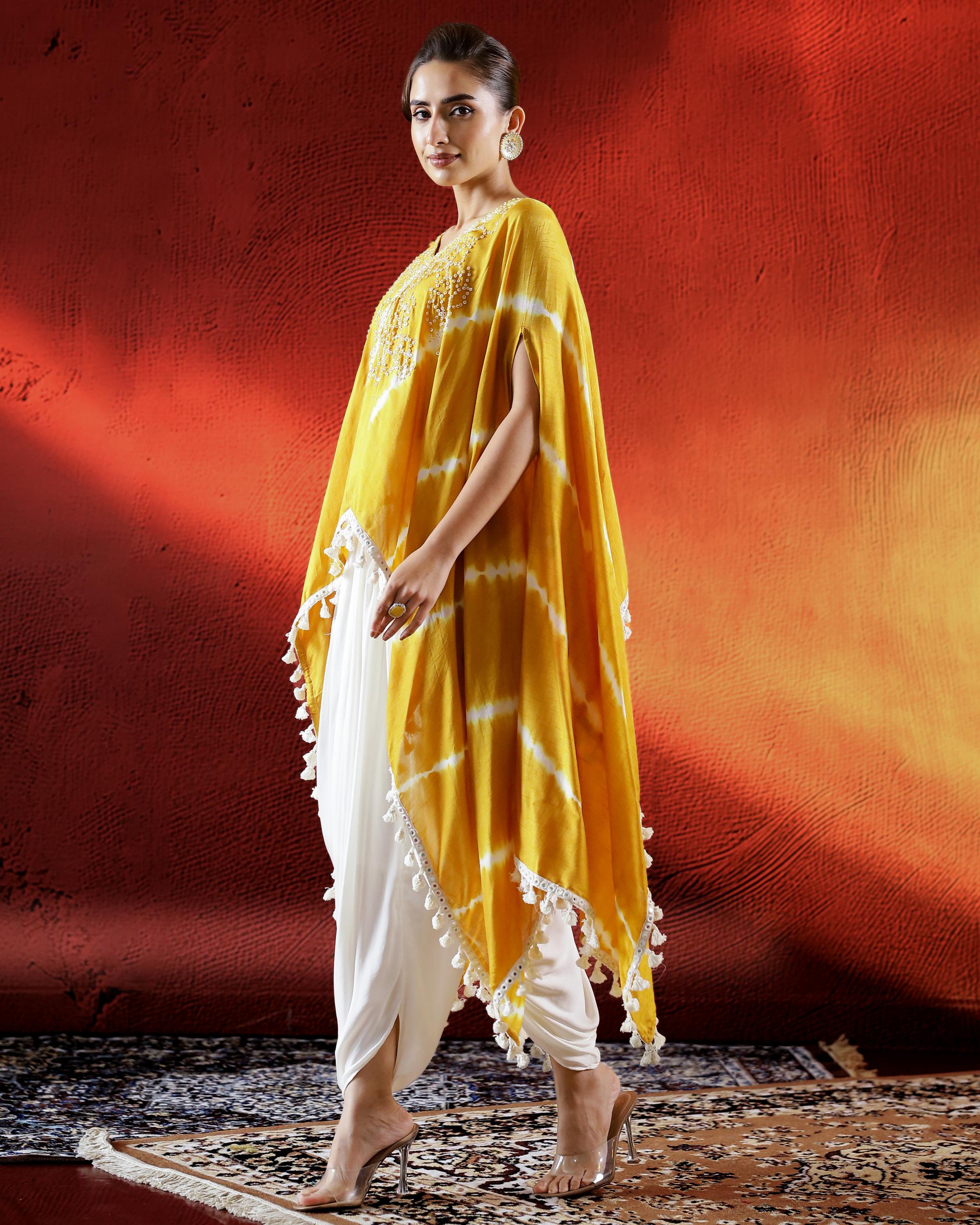 Golden Yellow Leheriya Printed Raw Silk Kaftan Set.