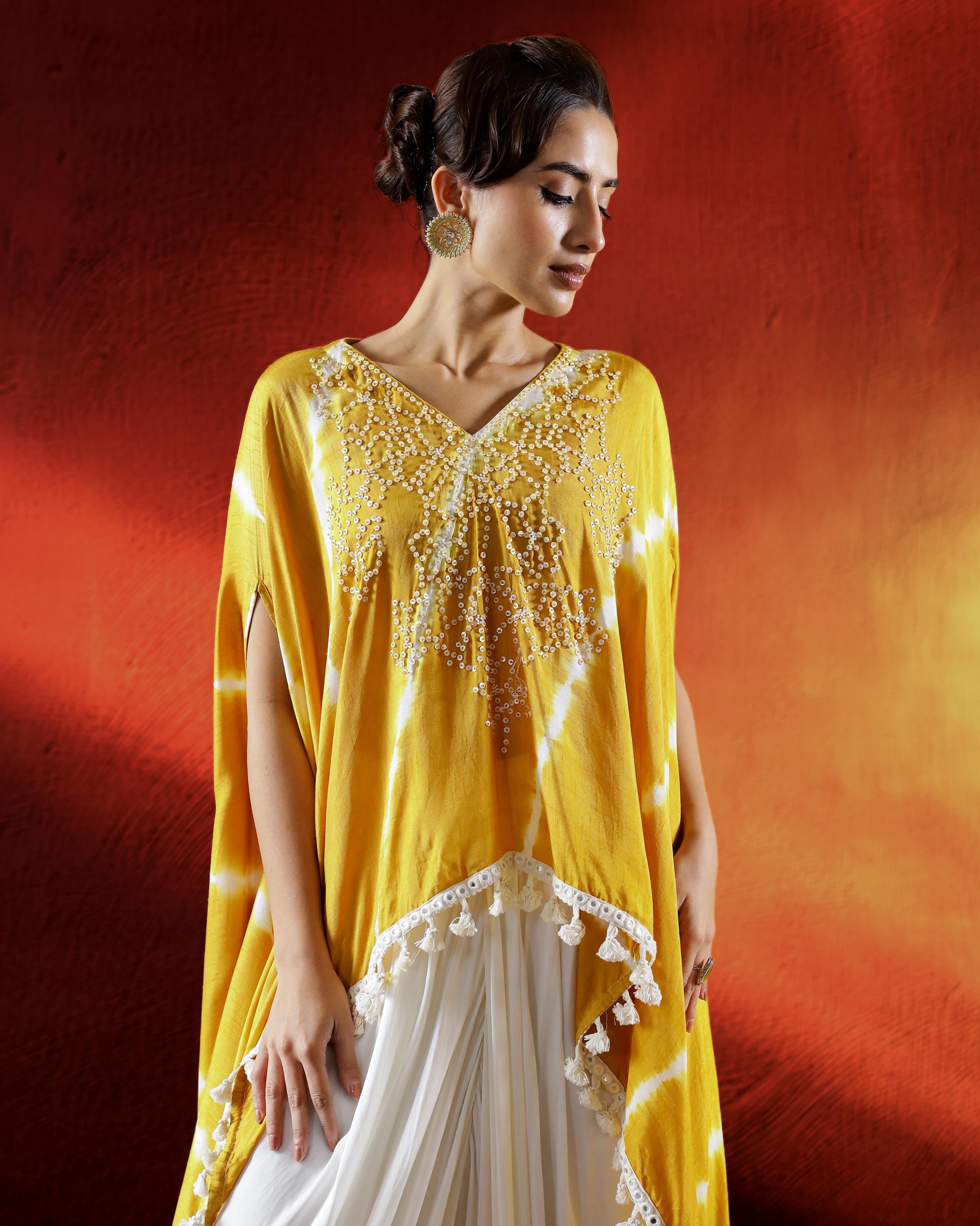 Golden Yellow Leheriya Printed Raw Silk Kaftan Set.