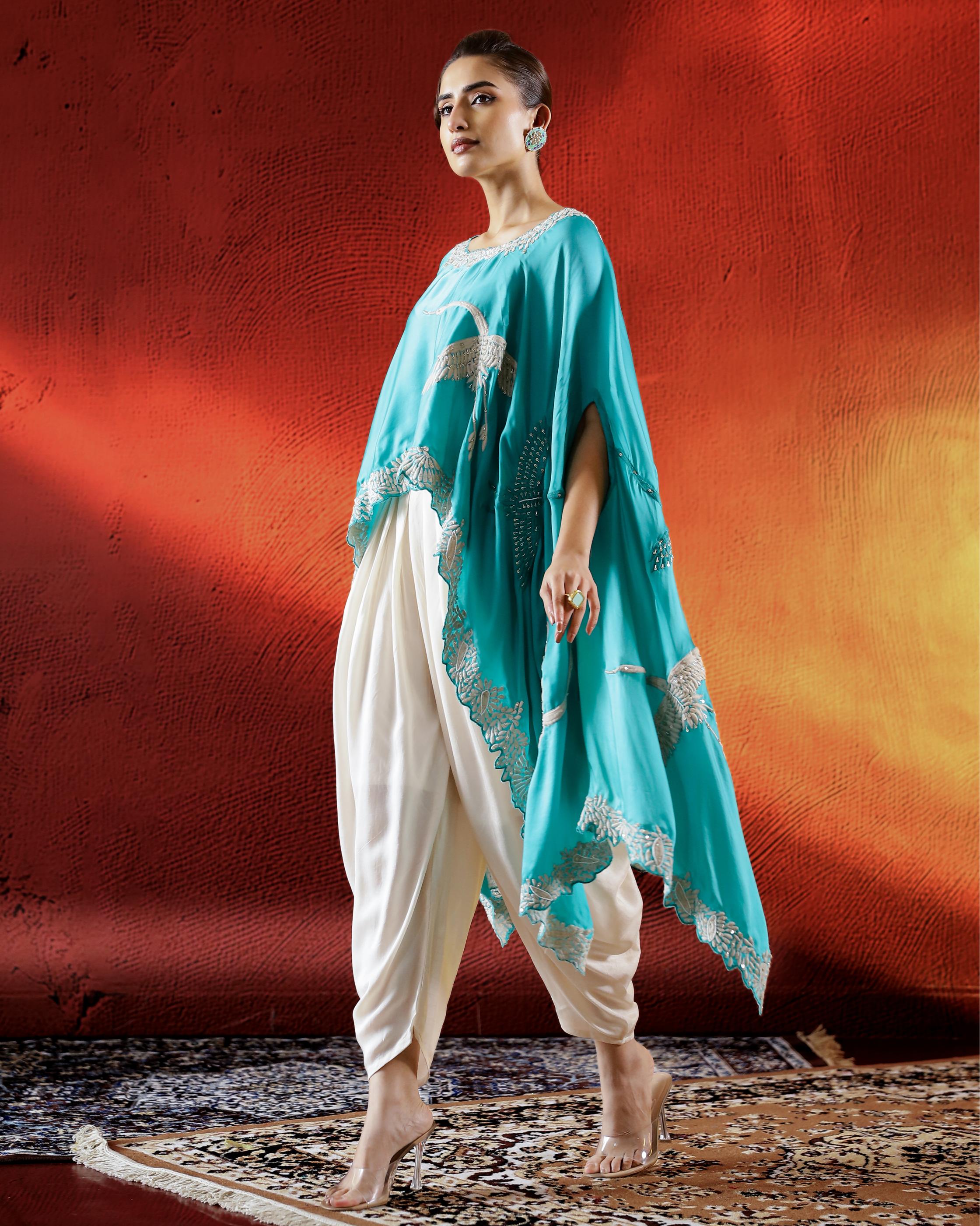 Turquoise Flamingo Embroidered Satin Silk Cape Set